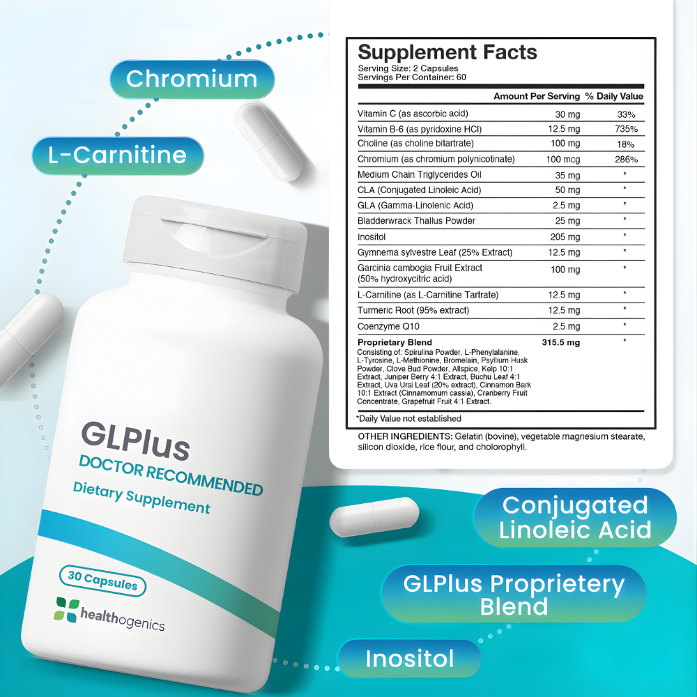 GLPlus dietary supplement bottle with ingredient list on a blue background