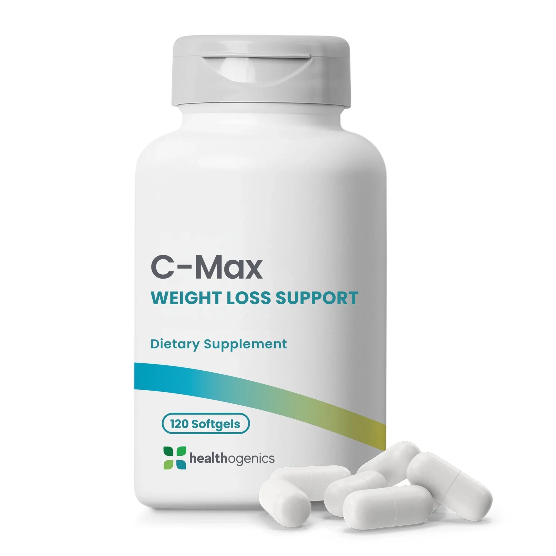 C-Max weight loss support dietary supplement bottle with pills on a white background