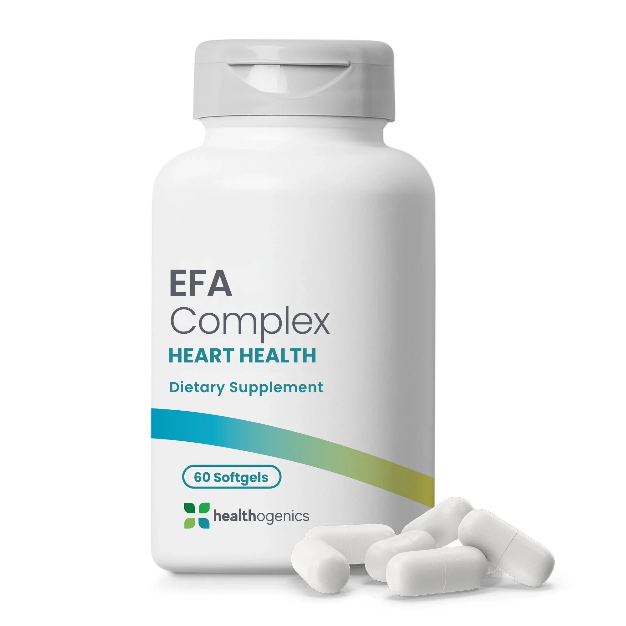 Supplement bottle labeled 'EFA Complex' for heart health with pills on a white background