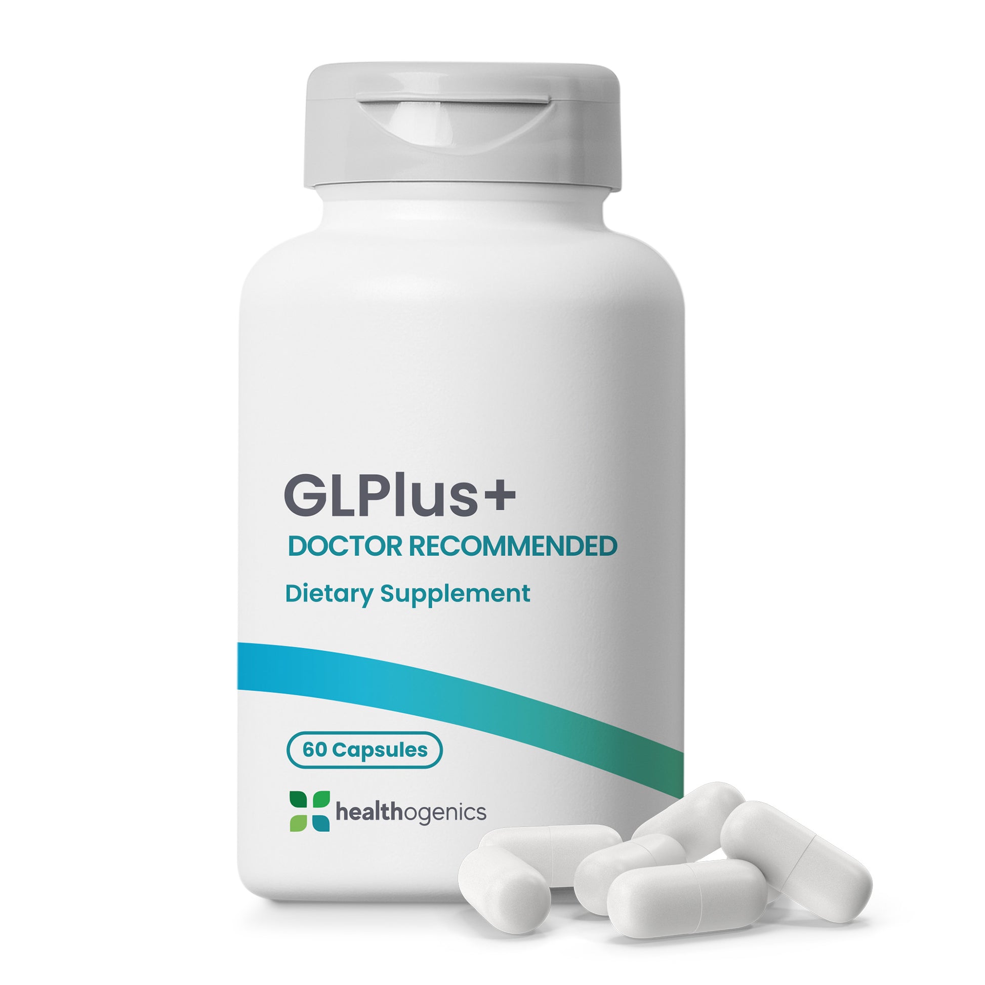 GLPlus+ dietary supplement bottle with capsules on a white background