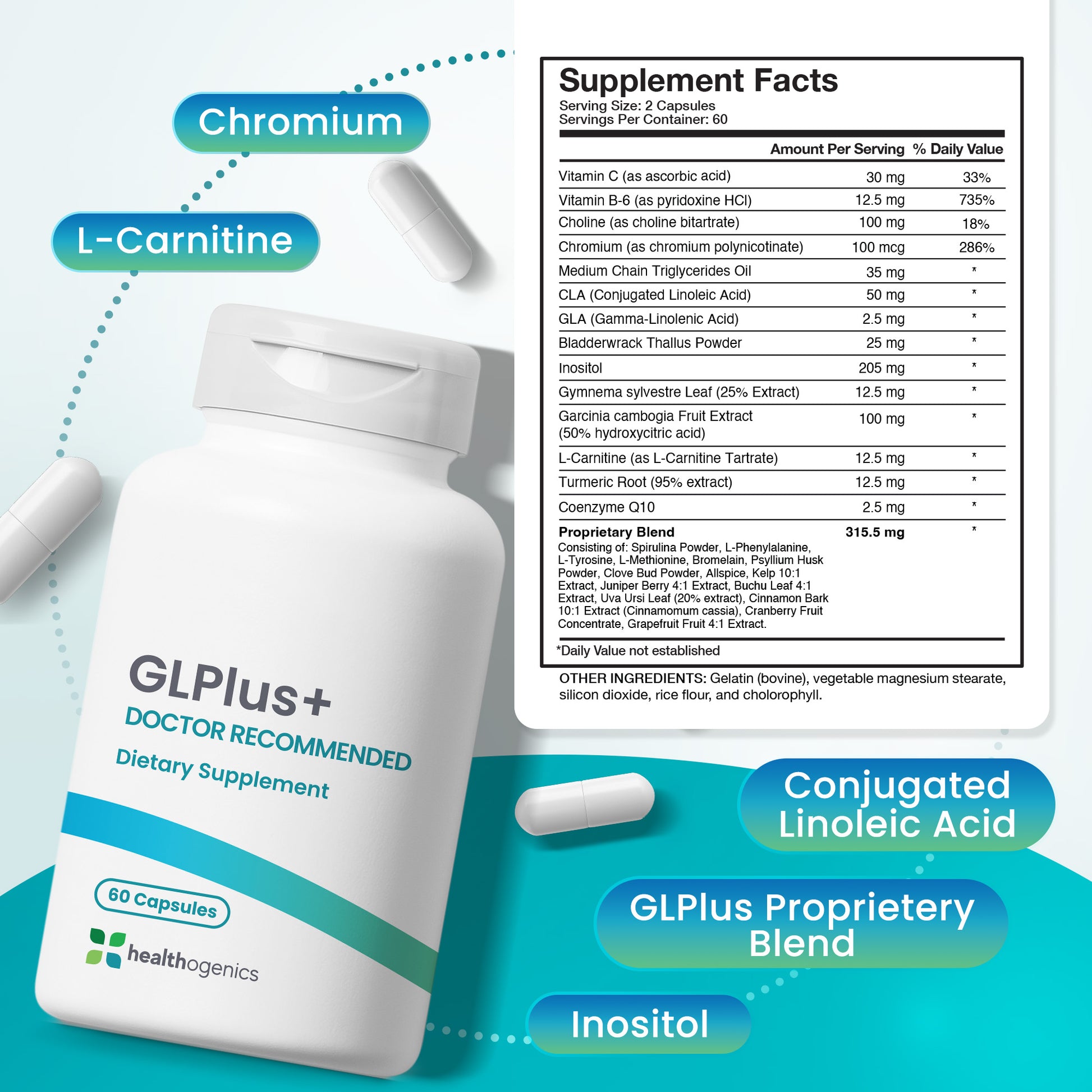 GLPlus+ dietary supplement packaging with ingredient list on a blue background