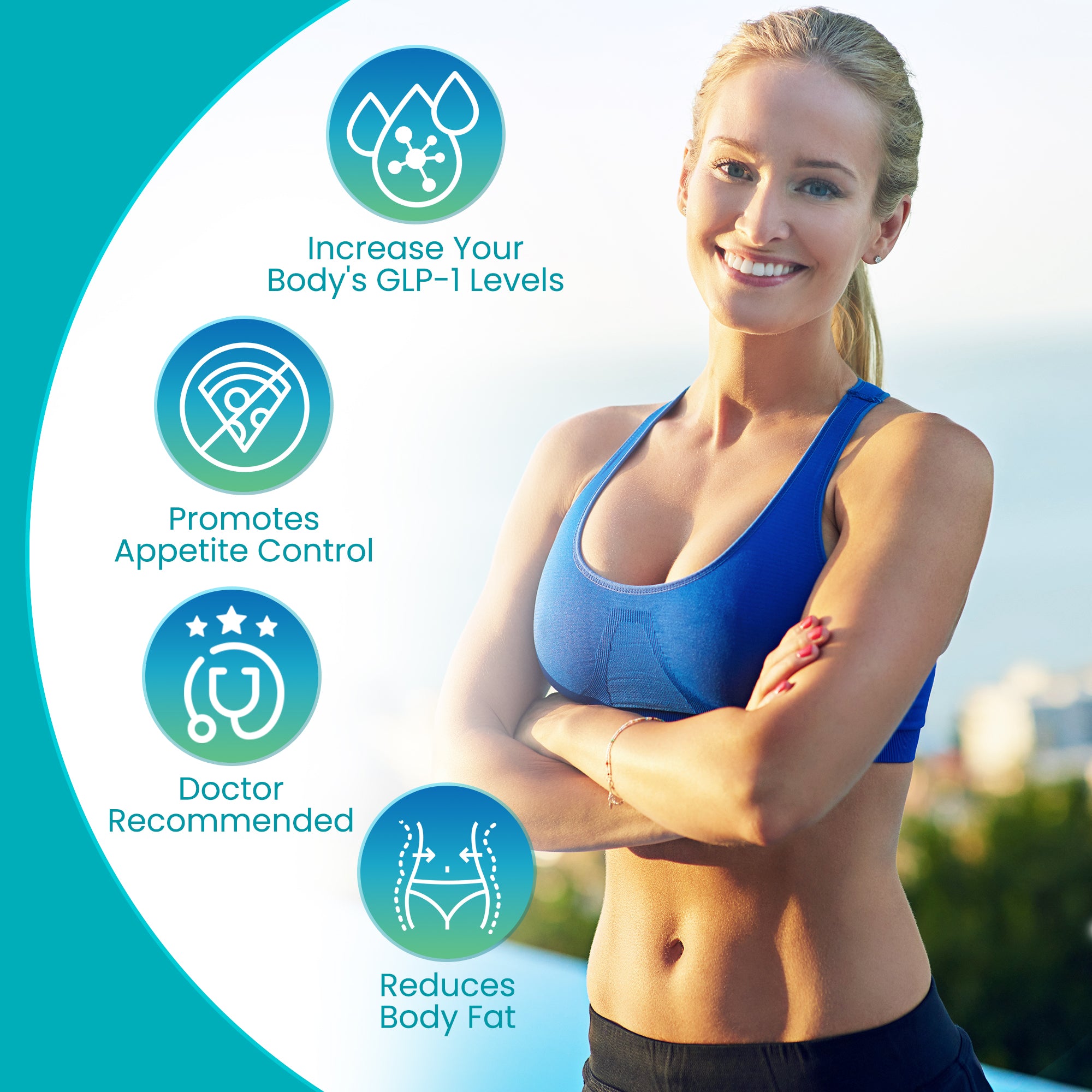 Woman in athletic wear with health benefits text overlay on a scenic background