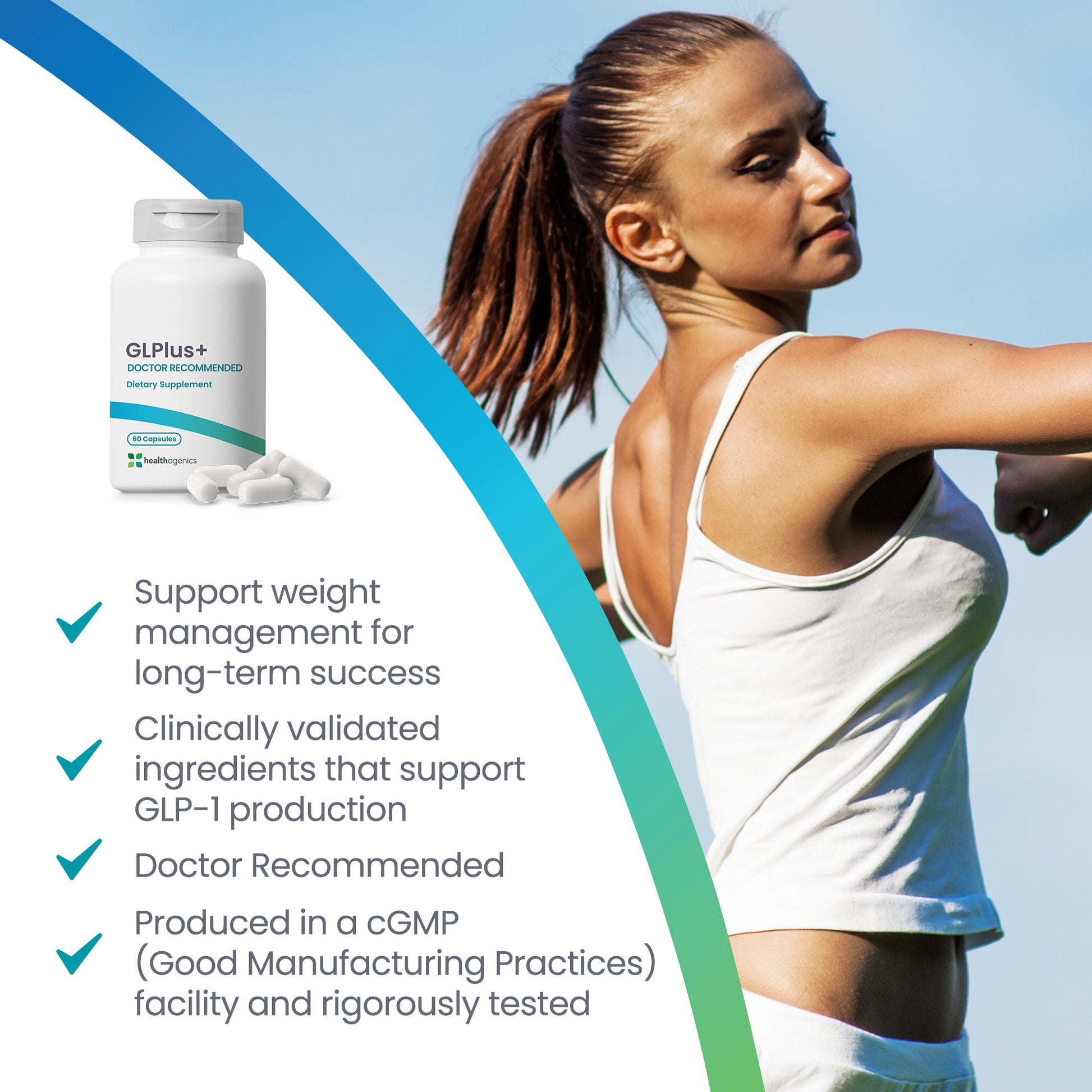 Woman exercising outdoors with GLPPlus+ supplement bottle on a blue and green background