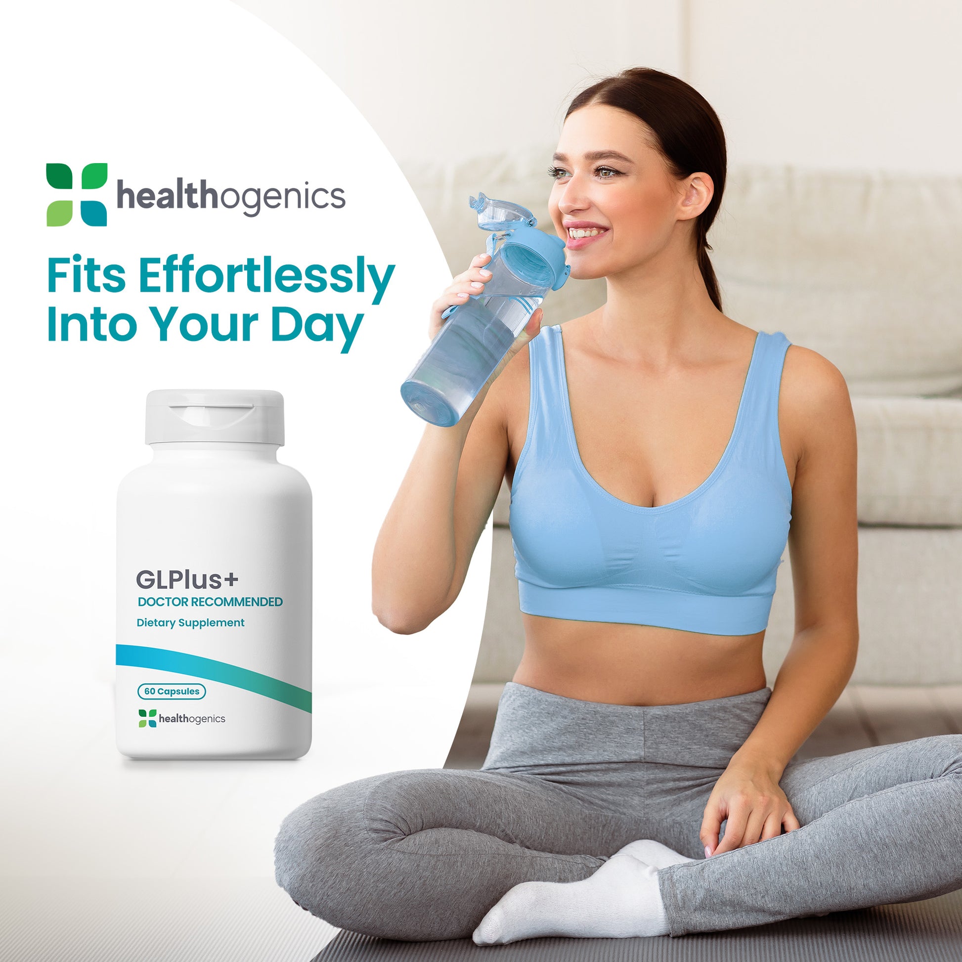 Woman in workout attire holding a supplement bottle and water bottle with Healthogenics branding.