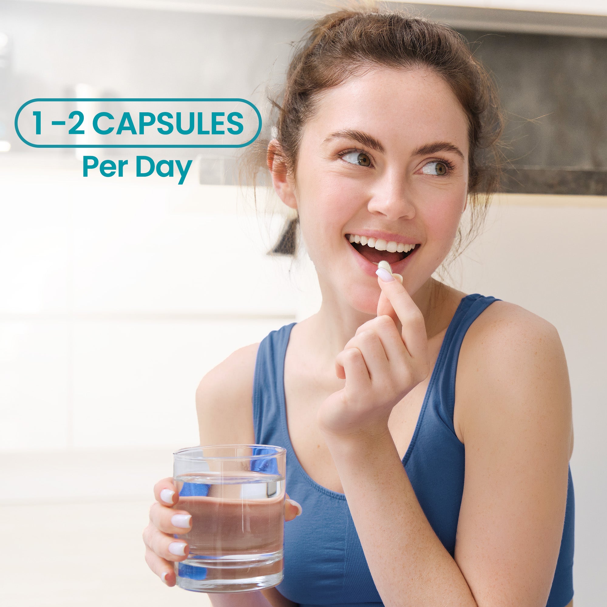 Woman holding a glass of water and a pill, with text '1-2 CAPSULES Per Day' on a light background.