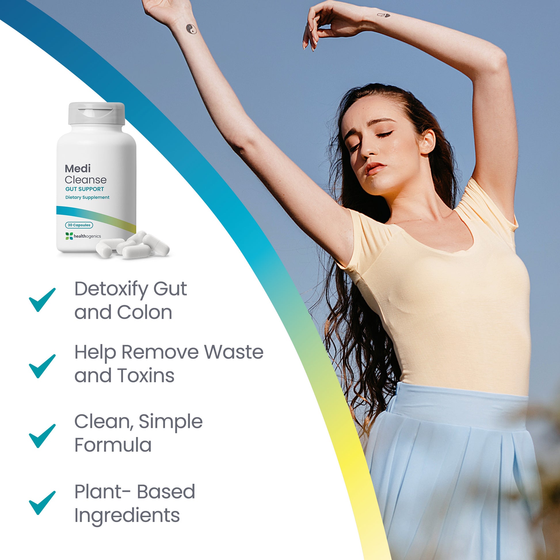 Woman exercising outdoors with Medi Cleanse supplement packaging and product details on a blue and green gradient background.