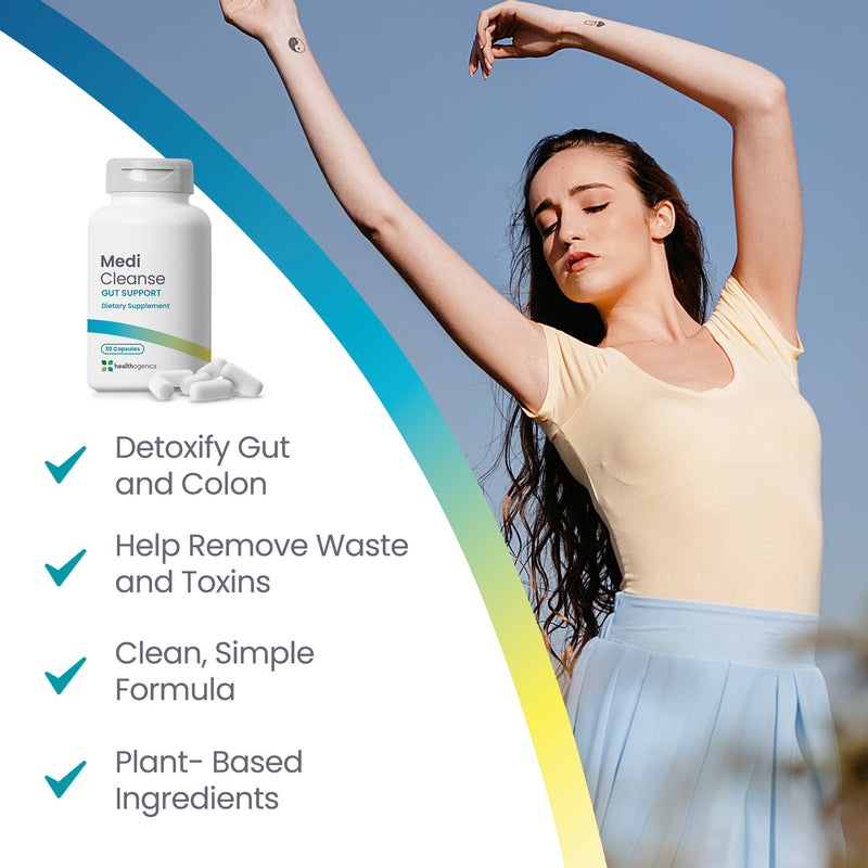 Woman exercising outdoors with Medi Cleanse supplement packaging and product details on a blue and green gradient background.