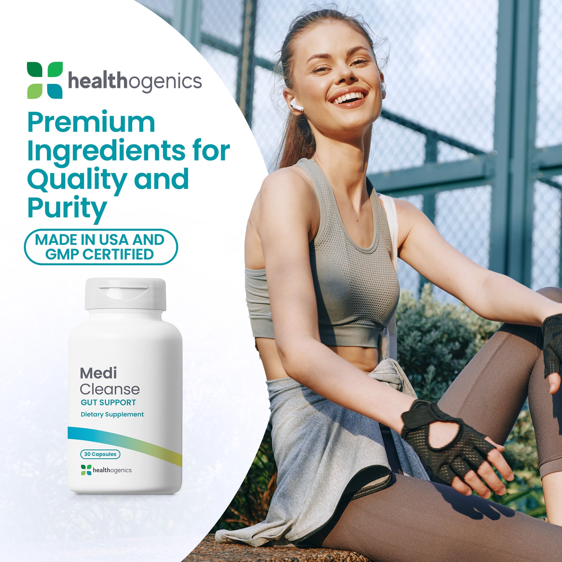 Woman exercising outdoors with Healthogenics Medi Cleanse supplement bottle on a white background