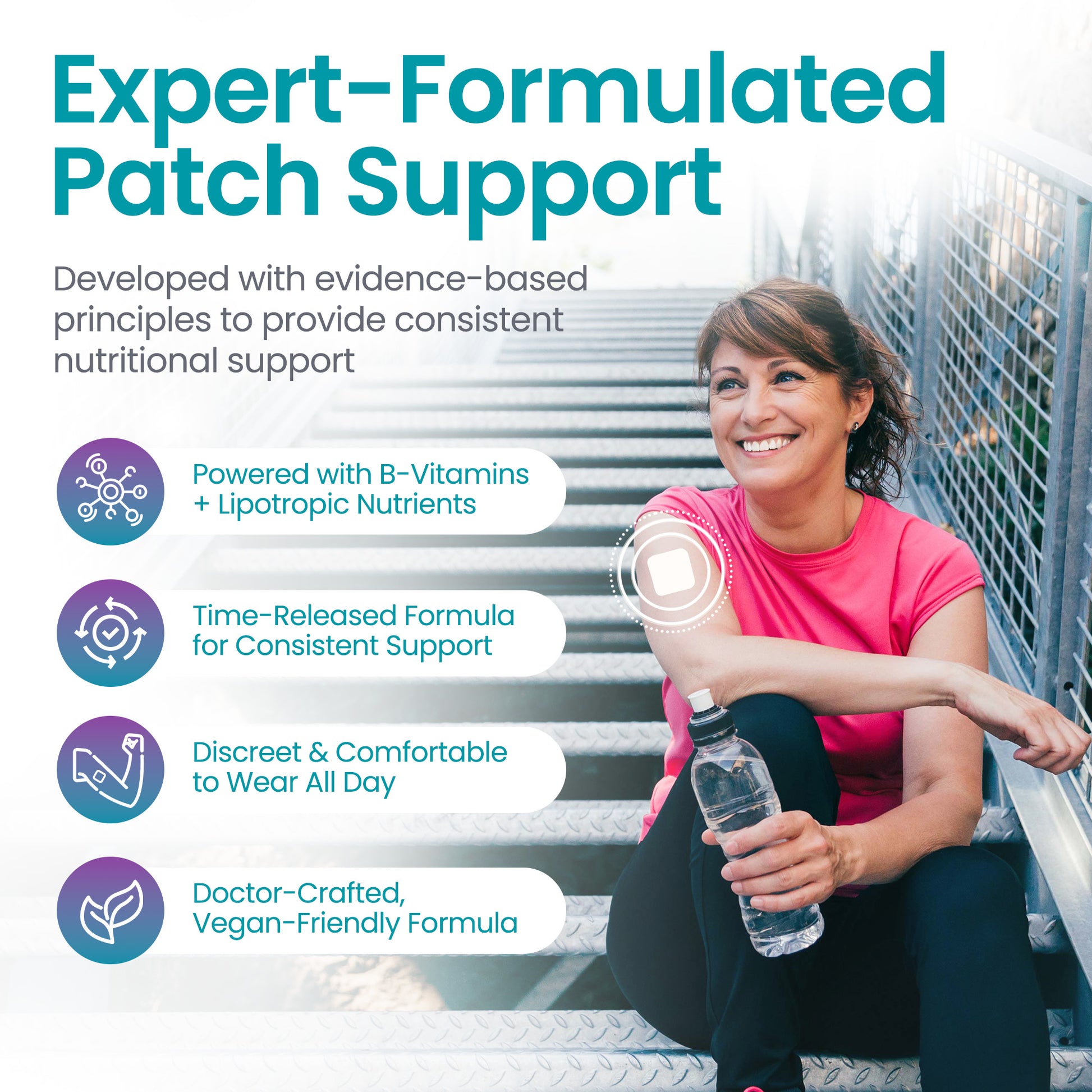 Woman holding a water bottle with text about expert-formulated patch support on a white background