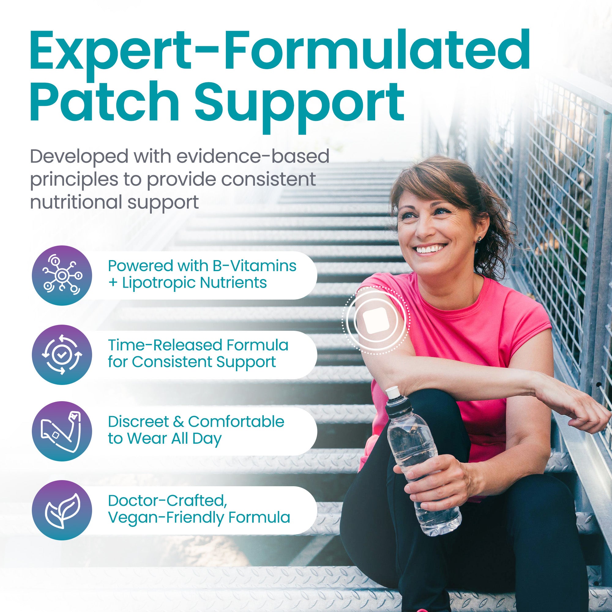 Woman holding a water bottle with text about expert-formulated patch support on a white background