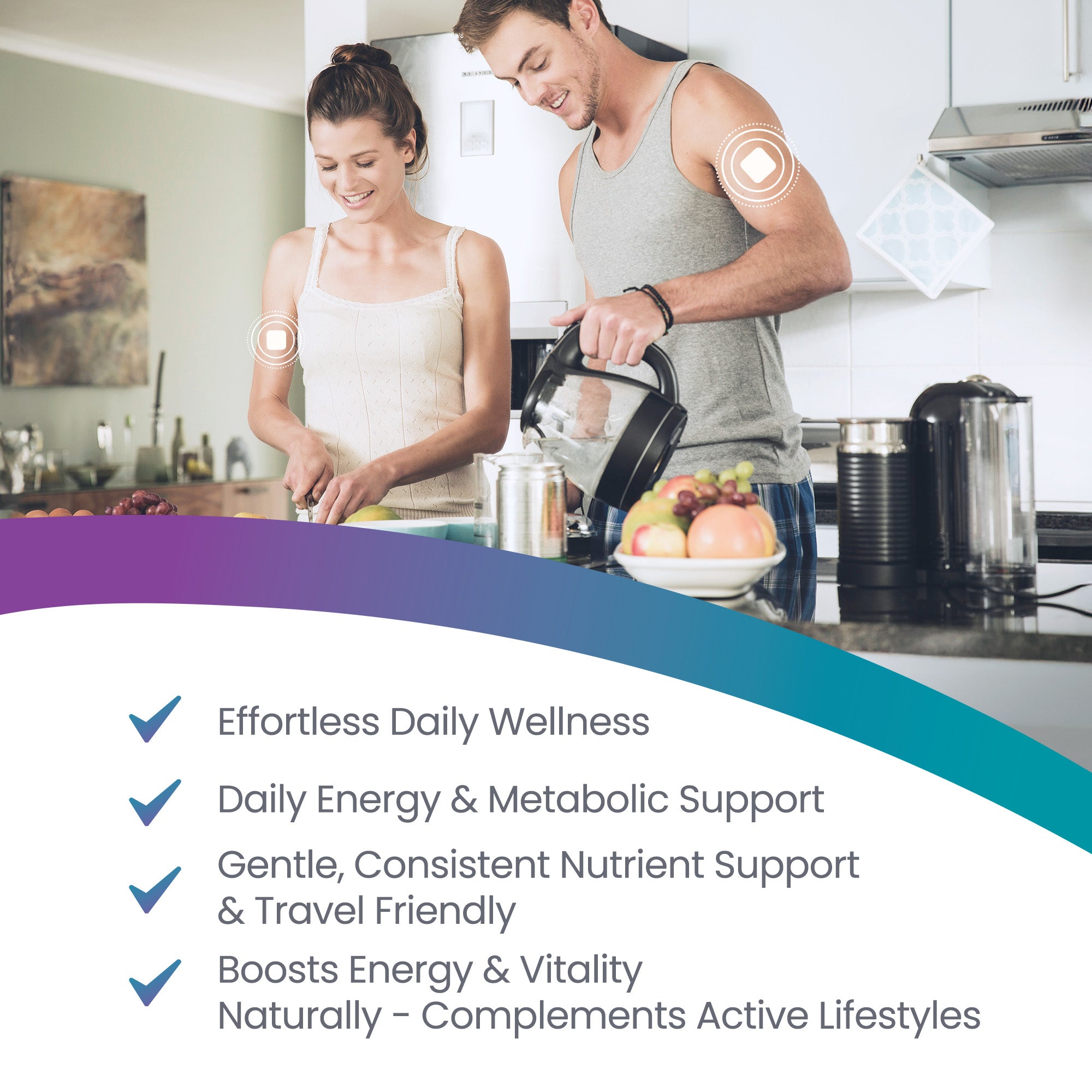 Man and woman preparing food in a kitchen with product features listed below.