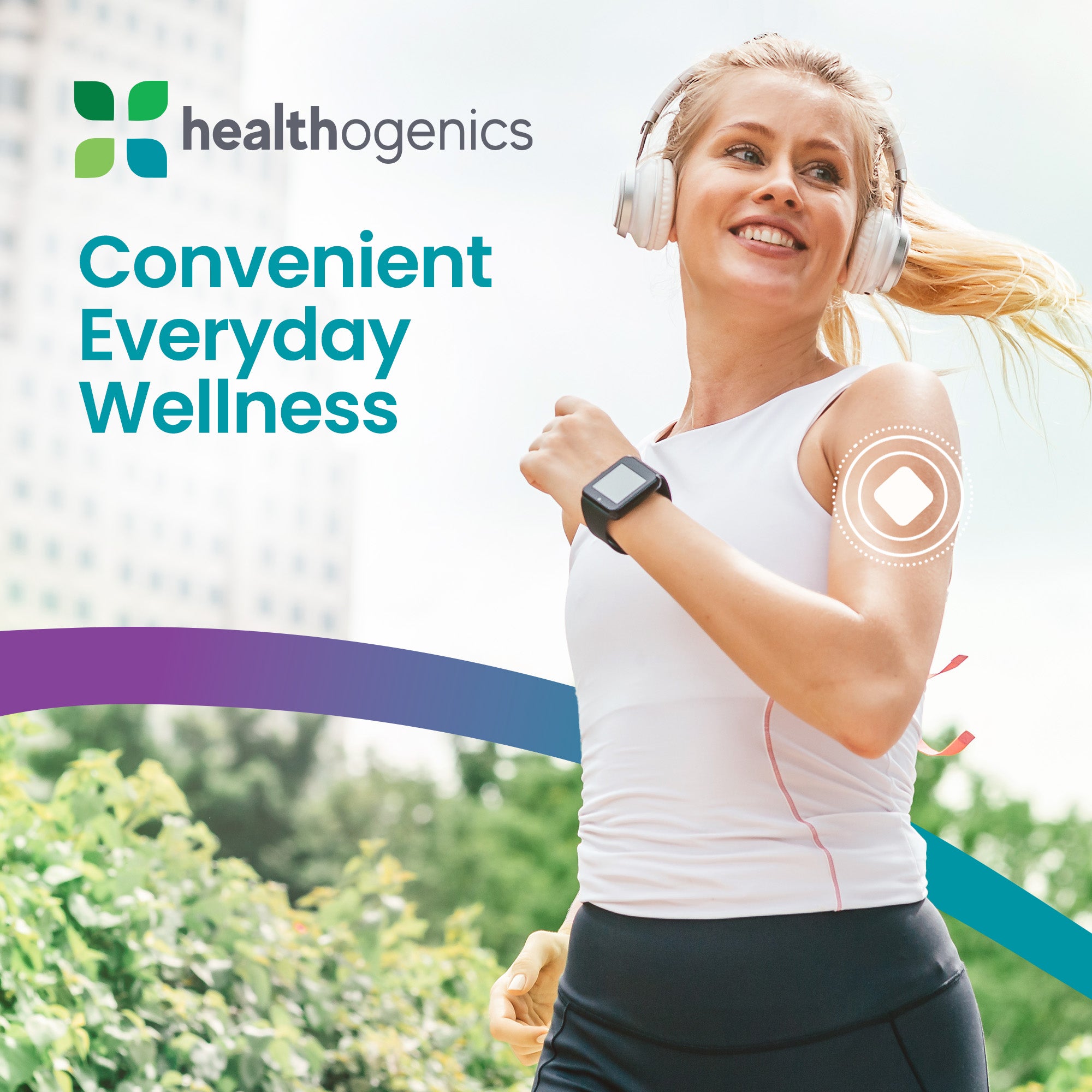 Woman exercising outdoors with 'Healthogenics' branding and text about convenient everyday wellness.