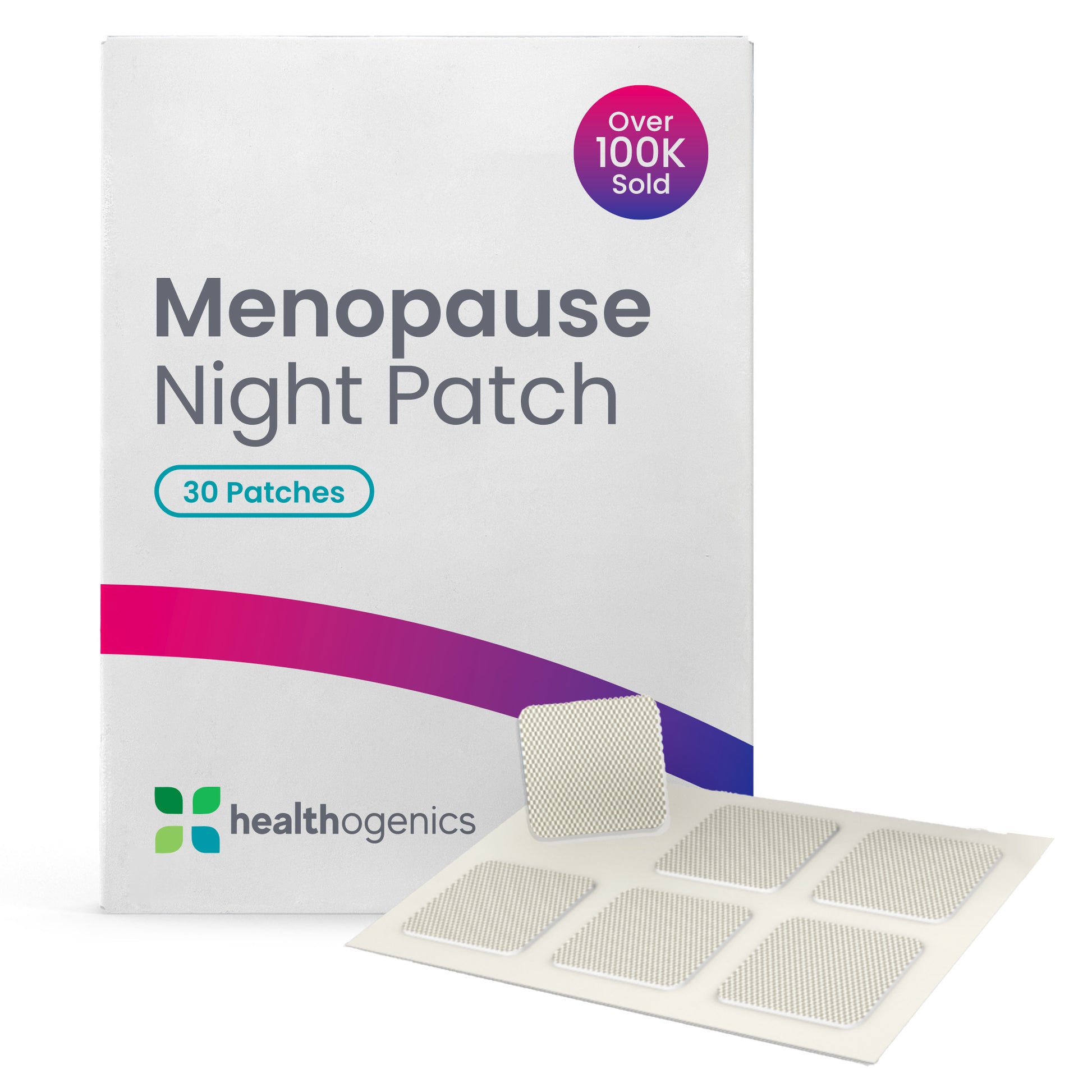 Menopause night patch packaging with Healthogenics logo on a white background
