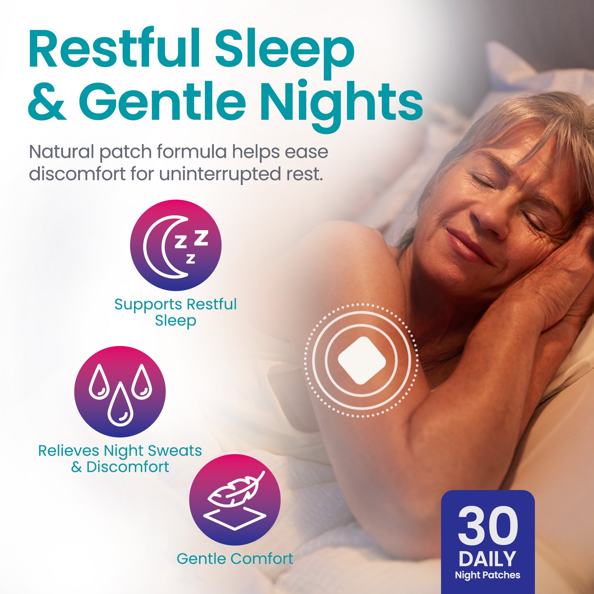 Advertisement for a natural patch formula for restful sleep and gentle nights with a woman sleeping.