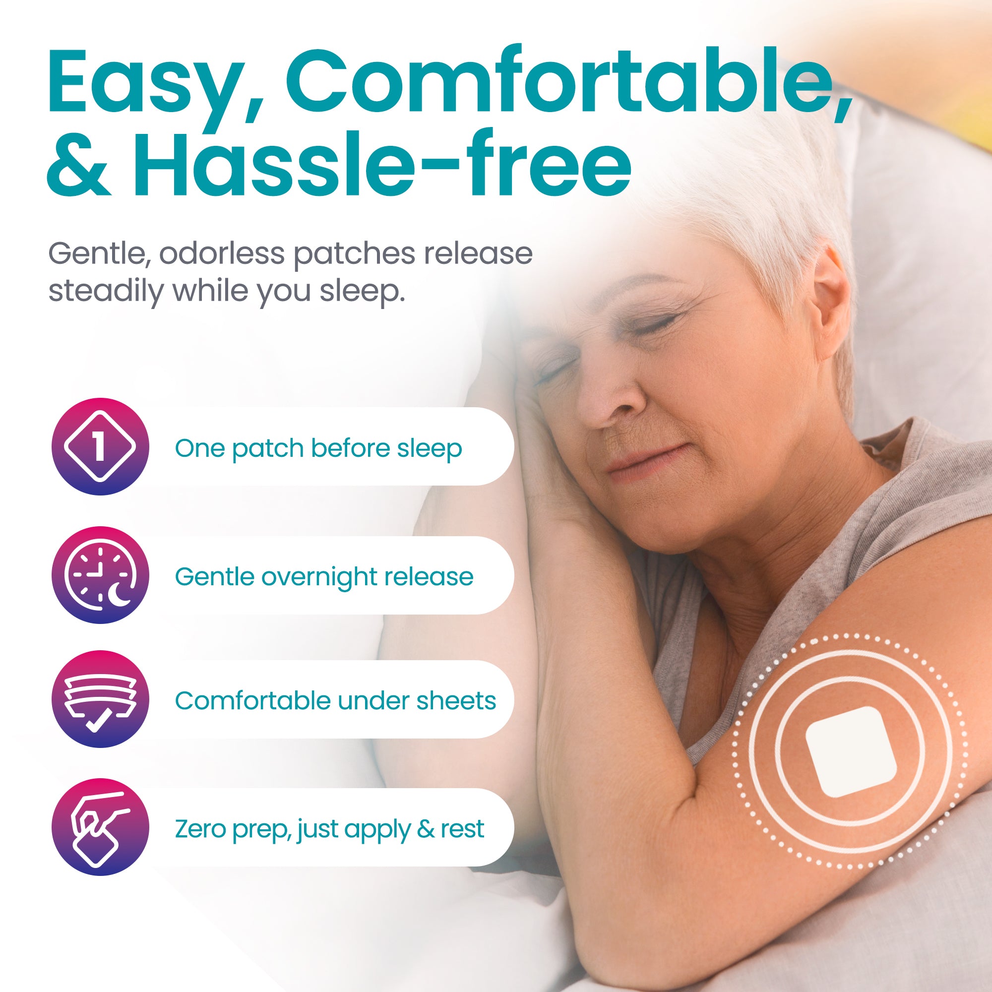 Advertisement for a product with a woman lying down, featuring text about its ease, comfort, and hassle-free nature.