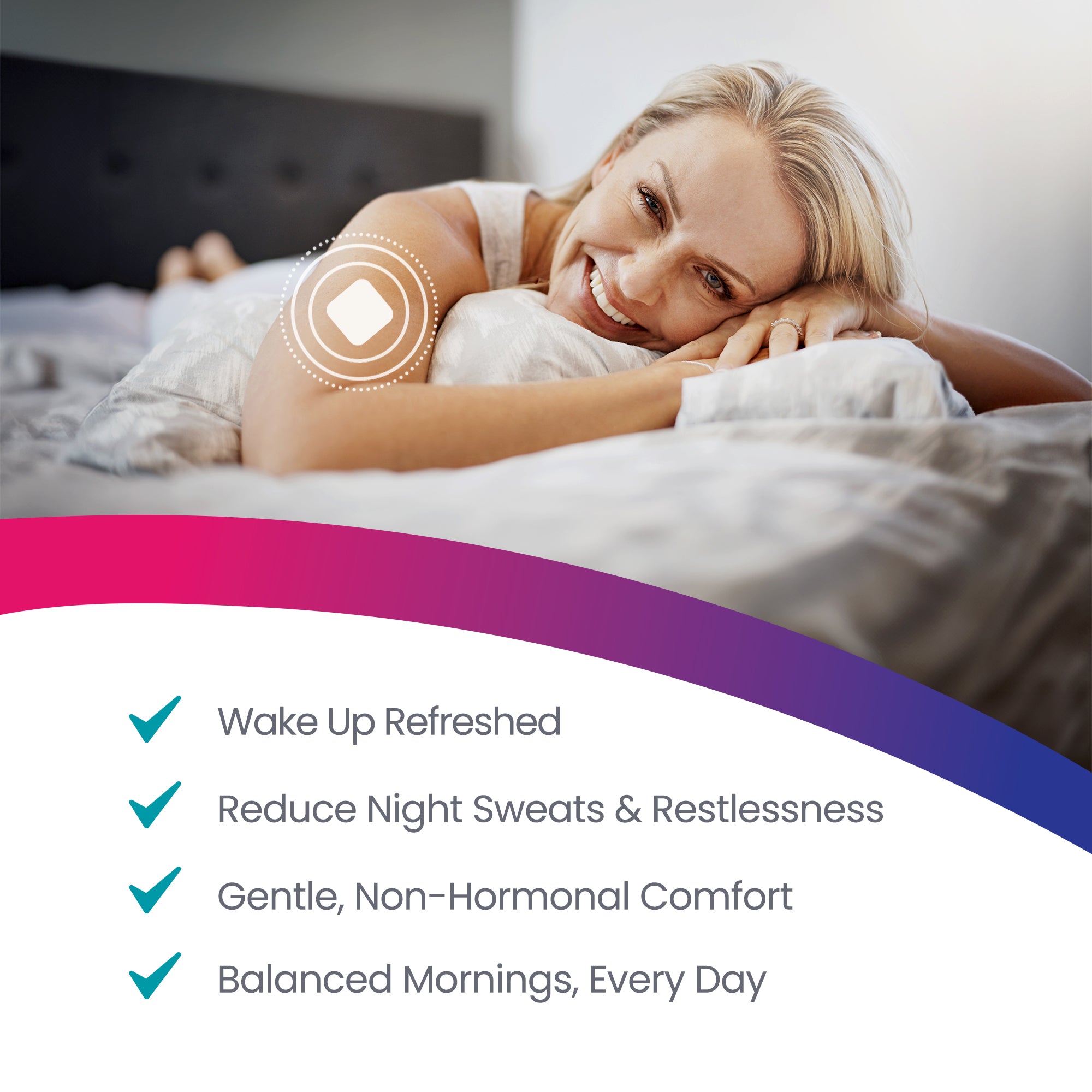 Woman lying in bed with a product feature list below