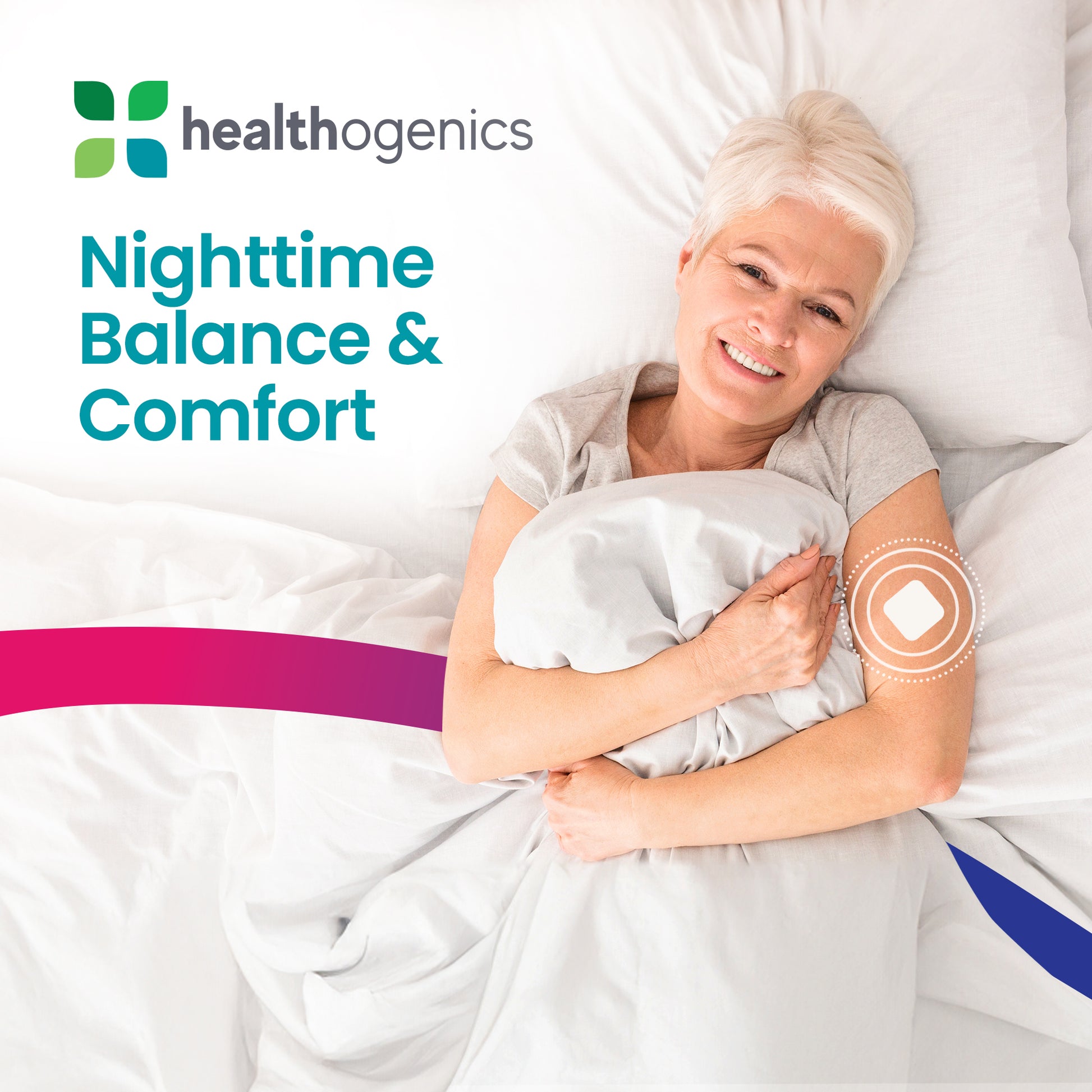 Woman lying in bed with 'Healthogenics' branding and text about nighttime balance and comfort.