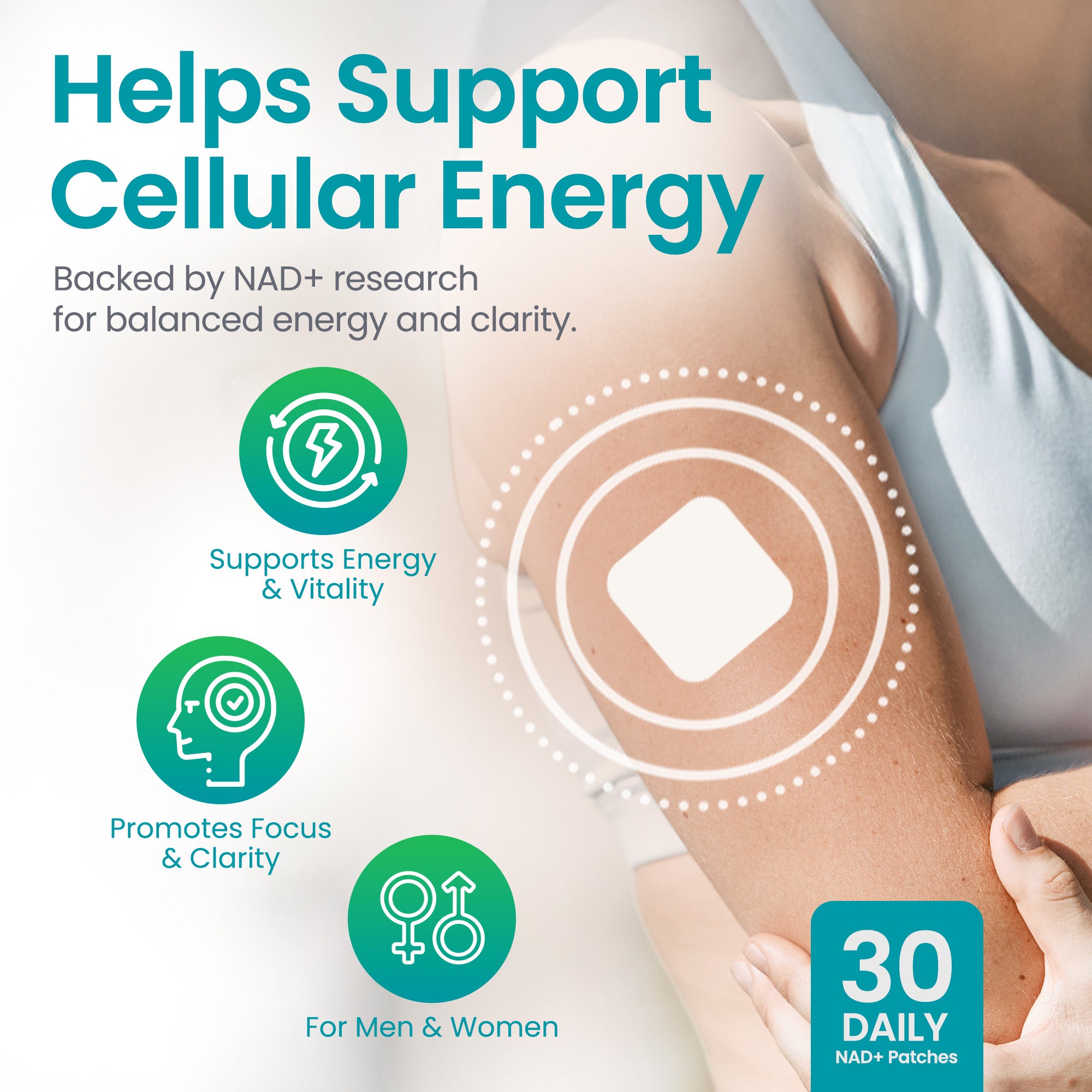 Product advertisement for NAD+ patches with text about supporting cellular energy and clarity.