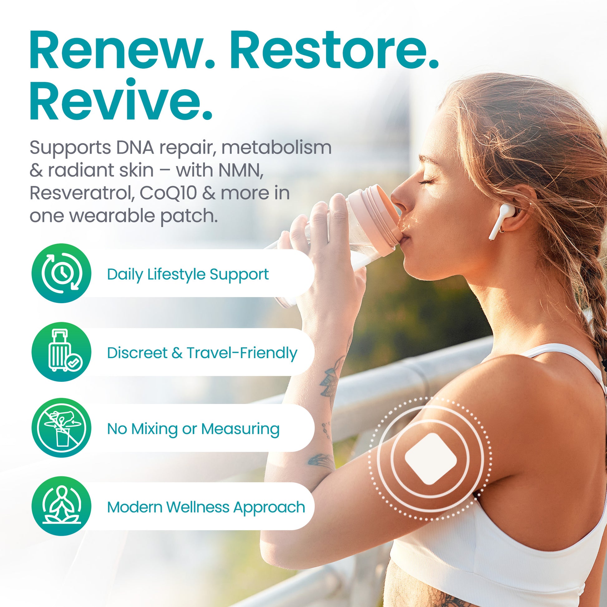 Woman drinking from a bottle with product features listed on a blurred outdoor background