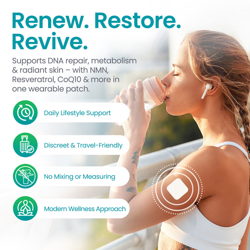 Woman drinking from a bottle with product features listed on a blurred outdoor background