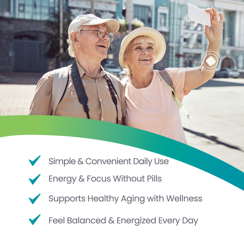 Two elderly people walking outdoors with a product in hand, accompanied by text about its benefits.