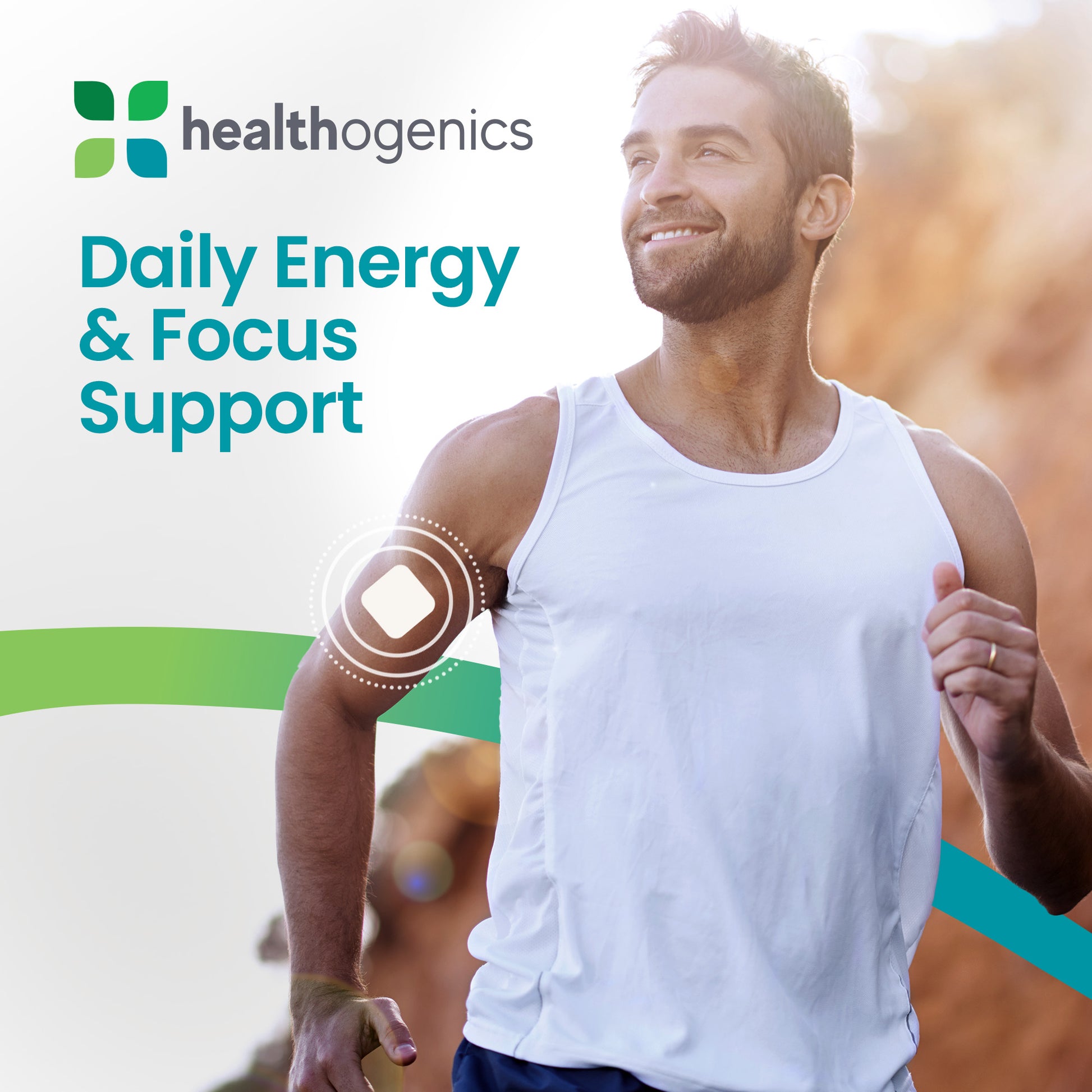 Man running with Healthogenics logo and text about daily energy and focus support.