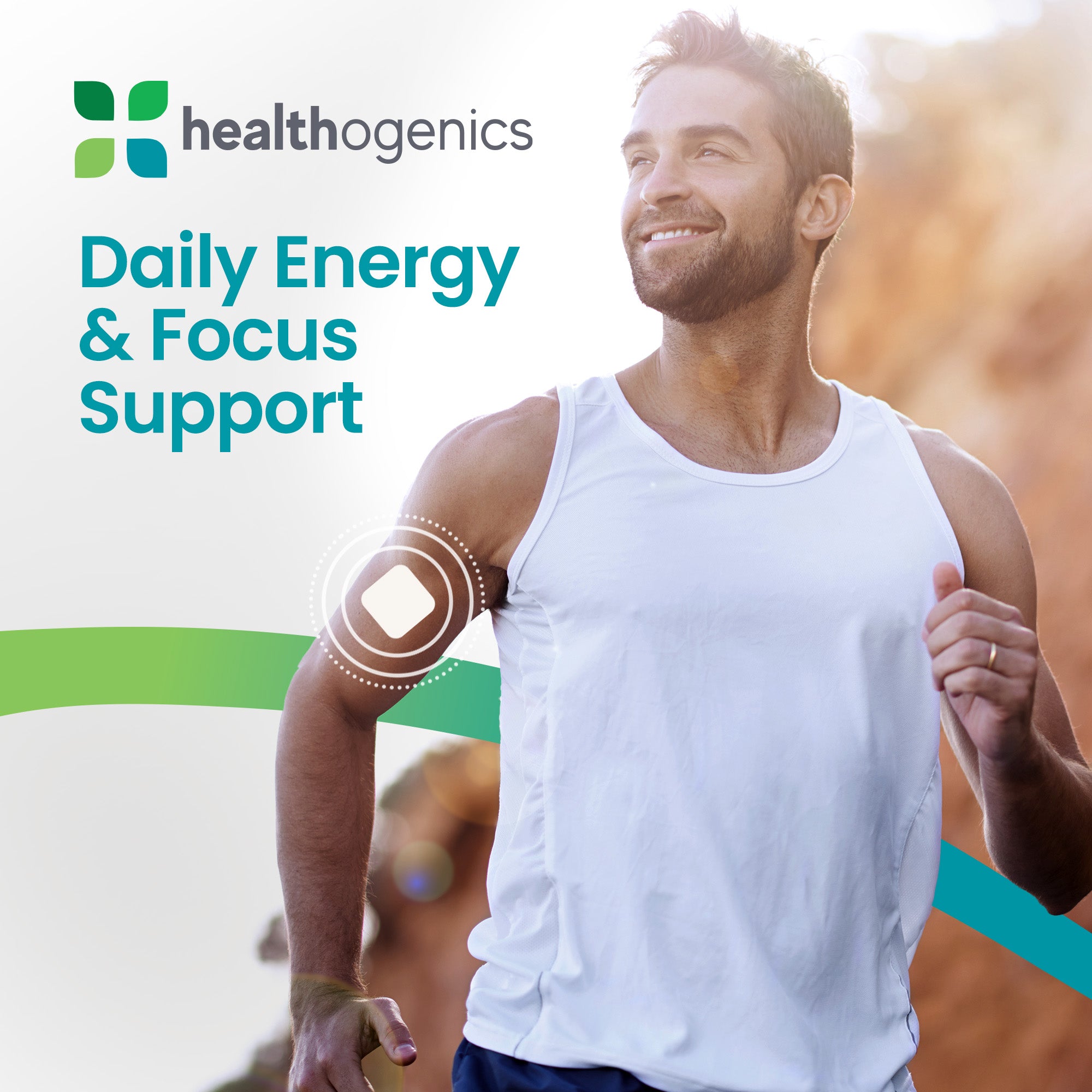 Man running with Healthogenics logo and text about daily energy and focus support.