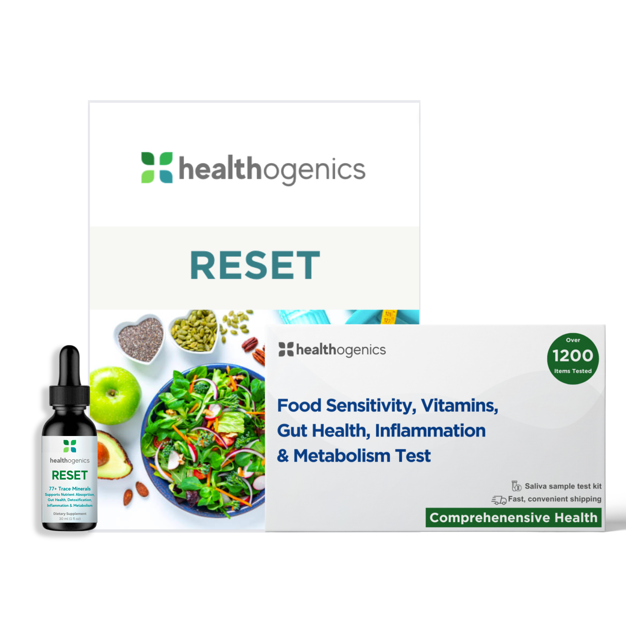 Healthogenics RESET supplement bottle RESET program guide and Comprehensive Food Sensitivity Test Kit