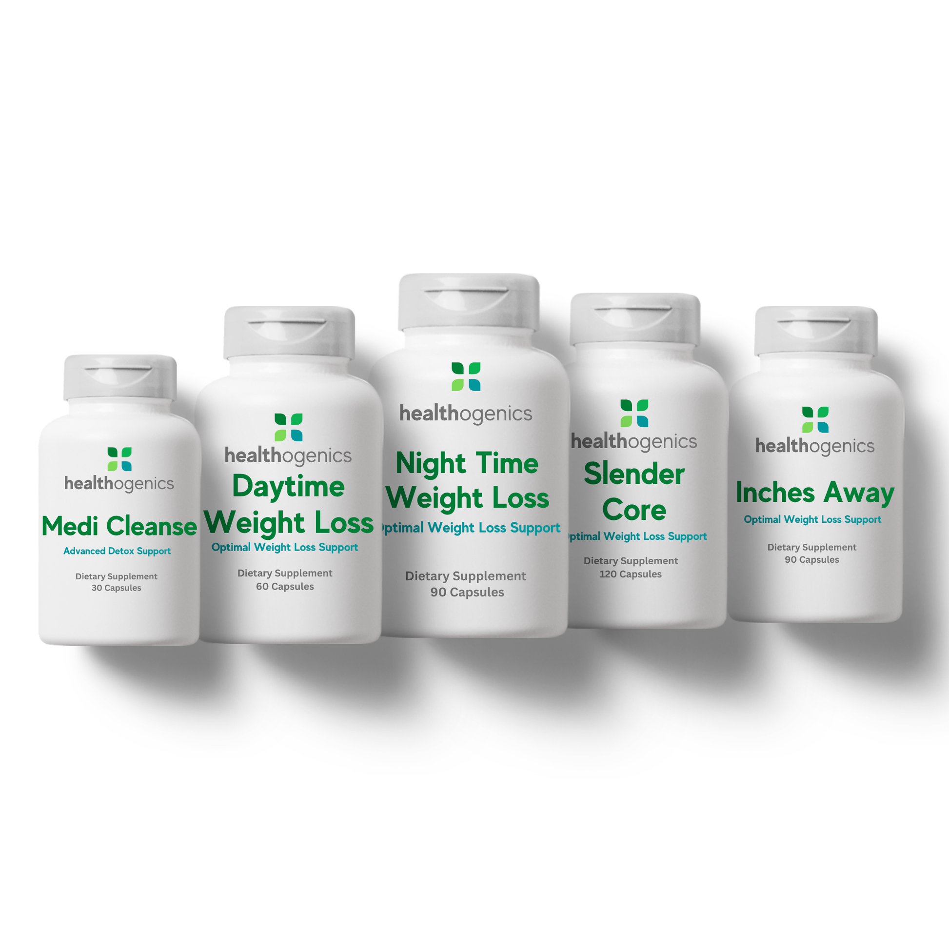 Row of healthagenics weight loss supplement bottles on a white background