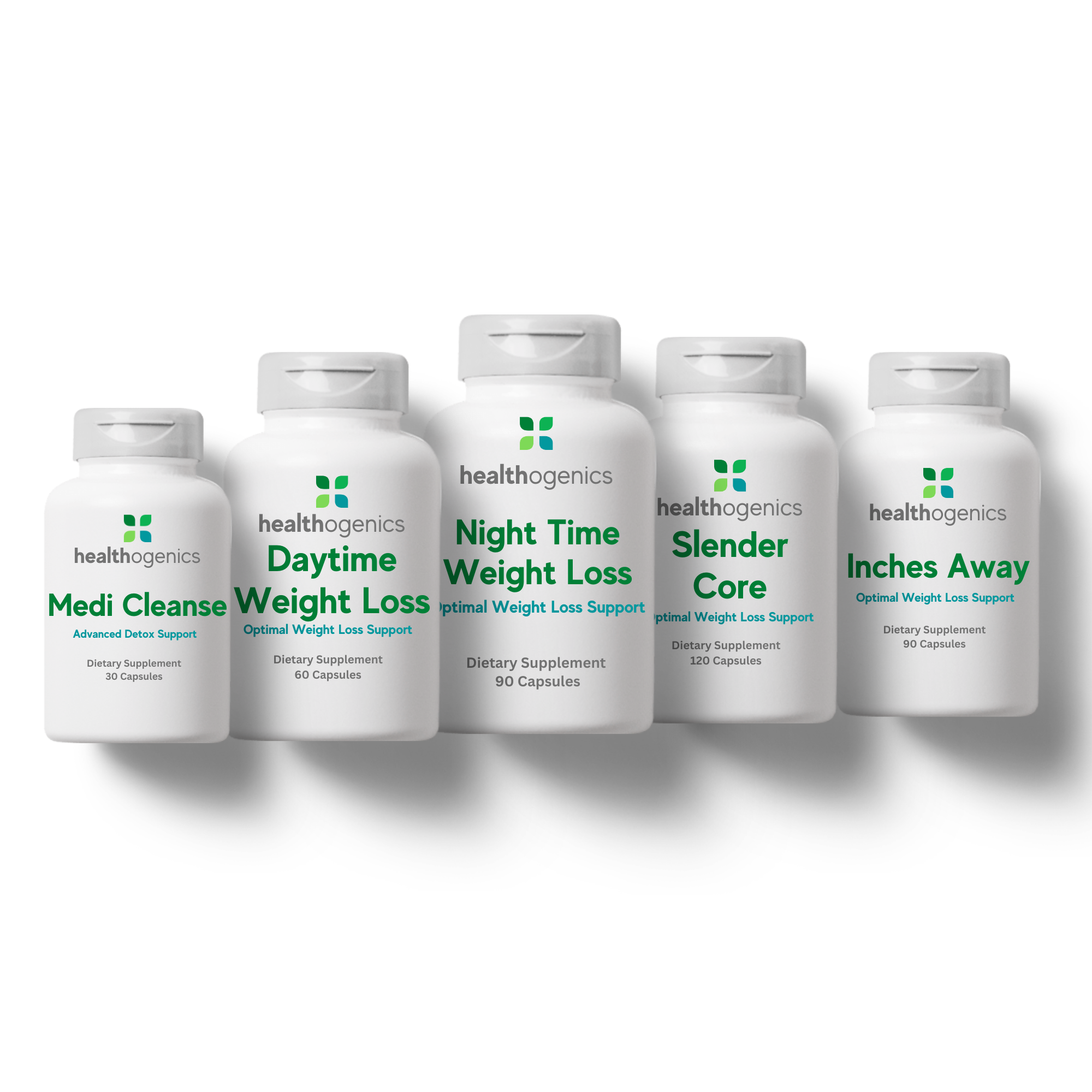 Row of healthagenics weight loss supplement bottles on a white background