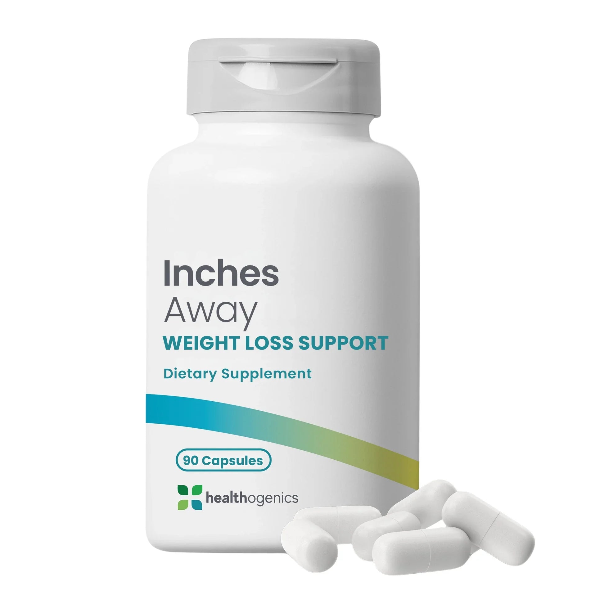 Bottle of Inches Away weight loss support dietary supplement with capsules on a white background