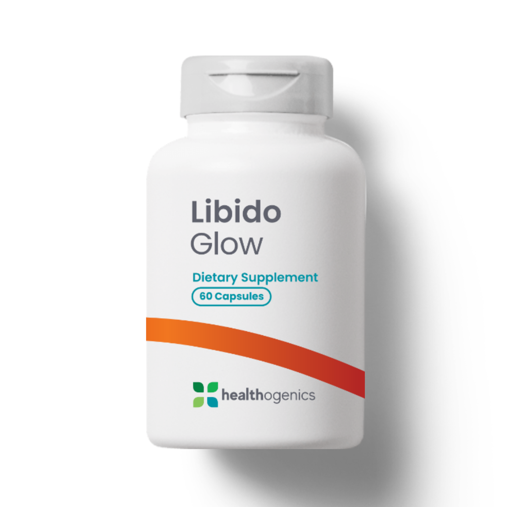Dietary supplement bottle labeled 'Libido Glow' by Healthogenics on a white background for sexual health, desire, libido, stamina for men and women.
