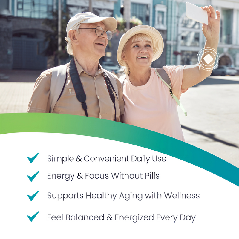 Two elderly people walking outdoors with NAD+ Patch product feature list below.