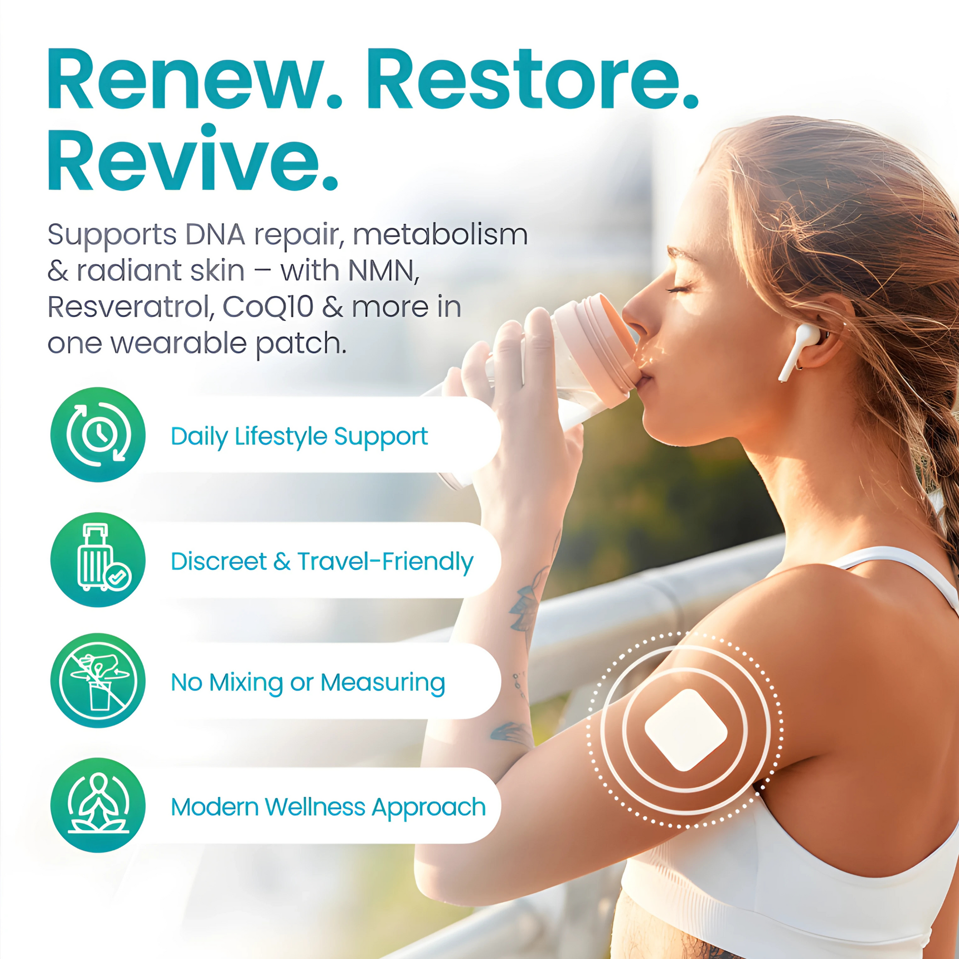 Woman drinking from a bottle with NAD+ Patch product features listed on a white background
