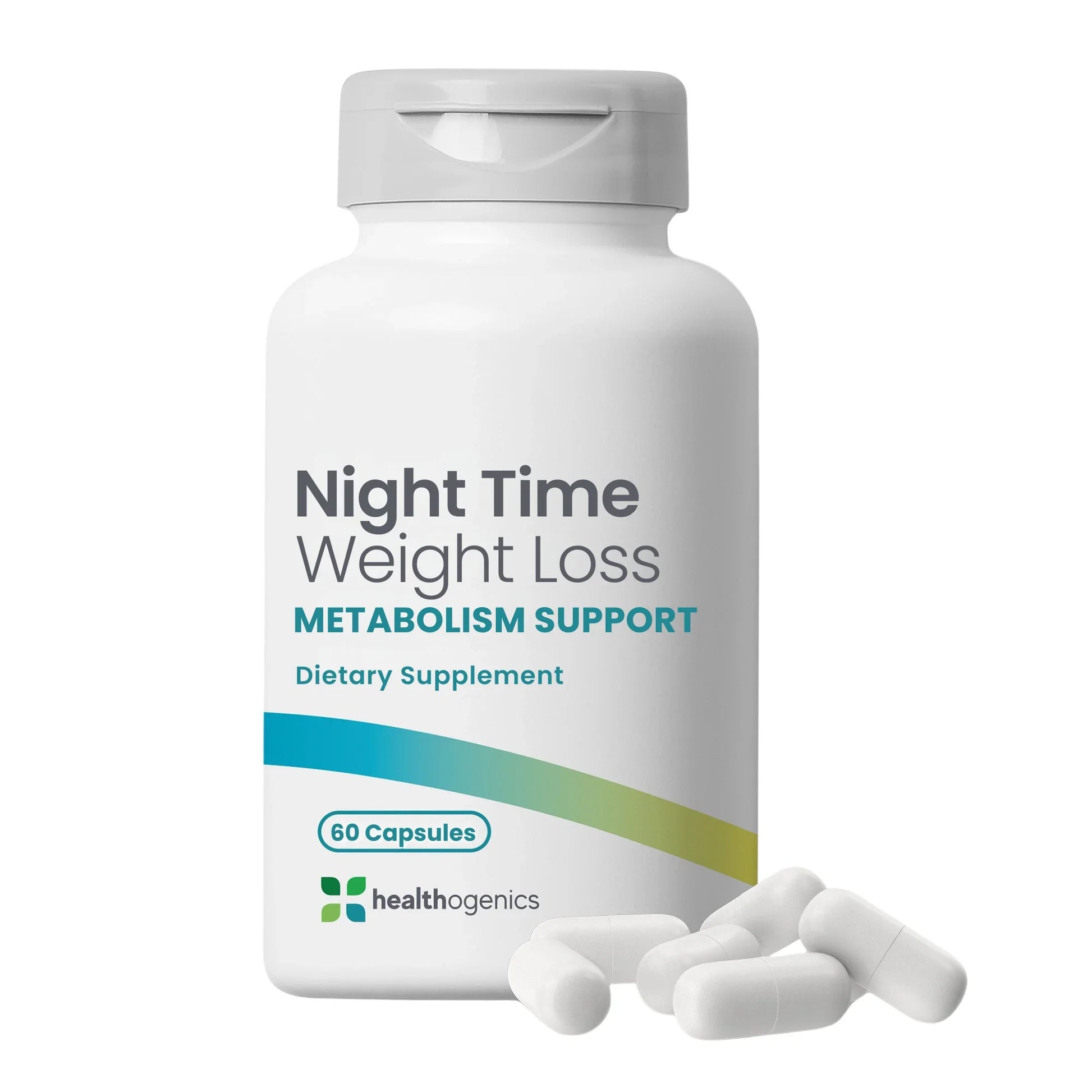 Supplement bottle labeled 'Night Time Weight Loss Metabolism Support' by Healthogenics on a white background.
