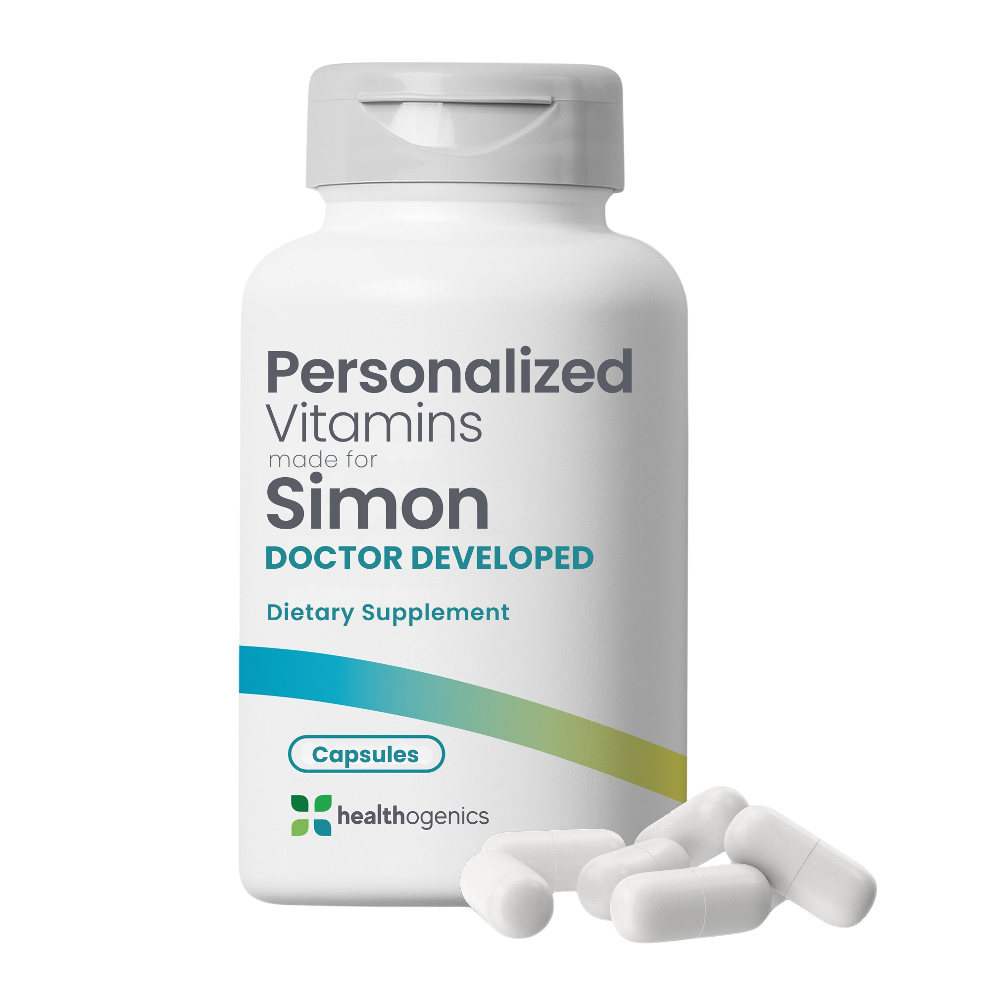 Personalized vitamins bottle labeled 'Made for Simon' with Healthogenics logo on a white background