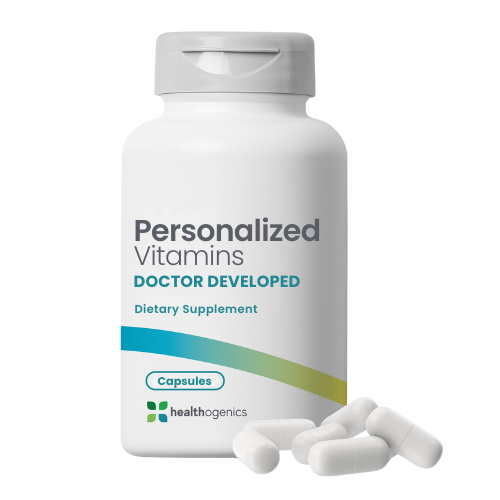 Bottle of personalized vitamins with capsules on a white background