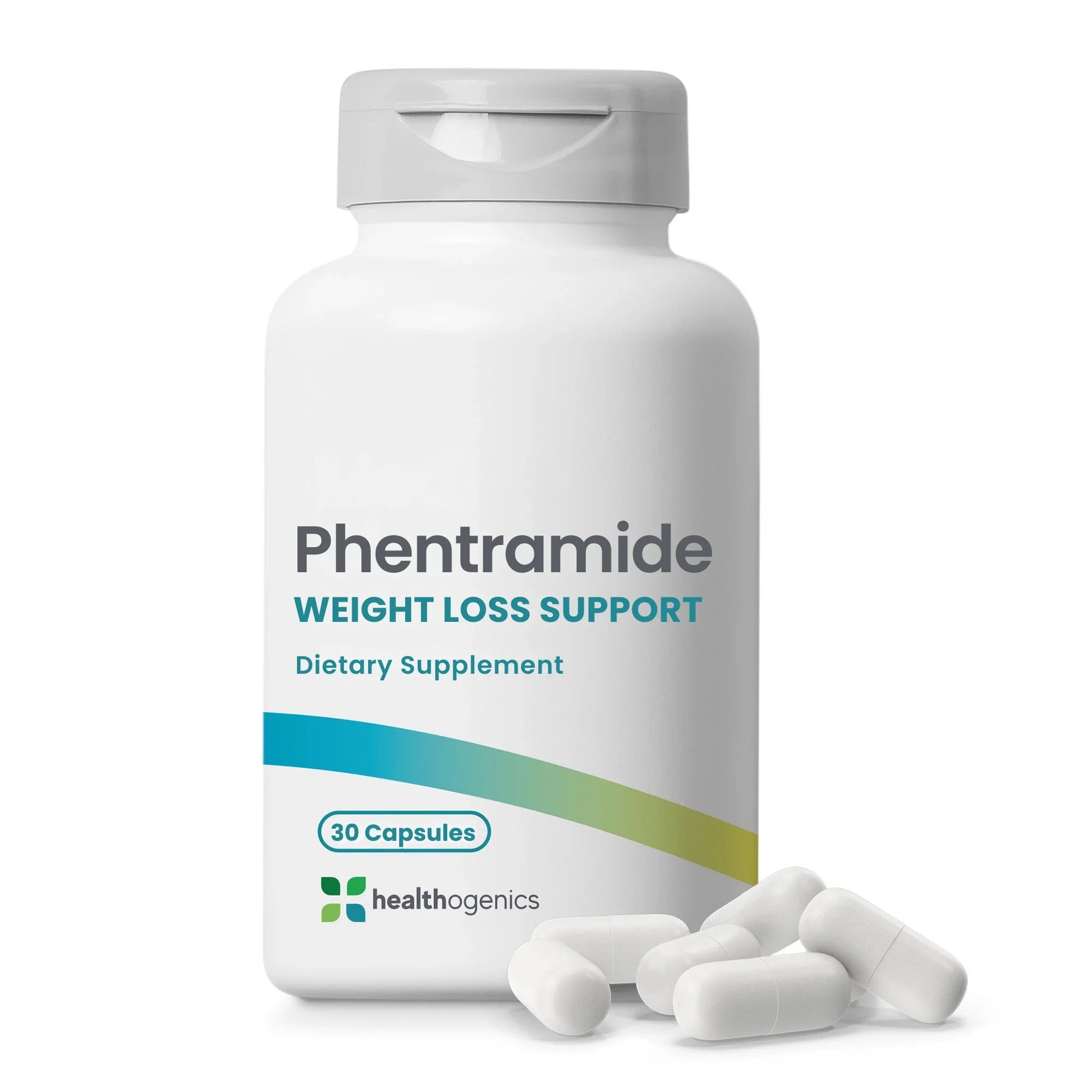 Phentramide weight loss support dietary supplement bottle with capsules on a white background