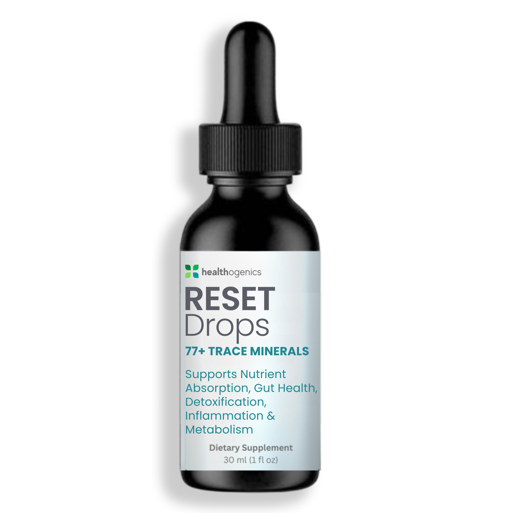 Supplement bottle labeled 'Reset Drops' by Healthgenetics on a white background