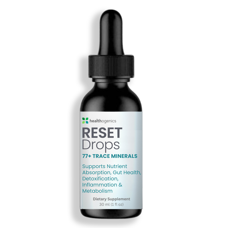 Supplement bottle labeled 'Reset Drops' by Healthgenetics on a white background
