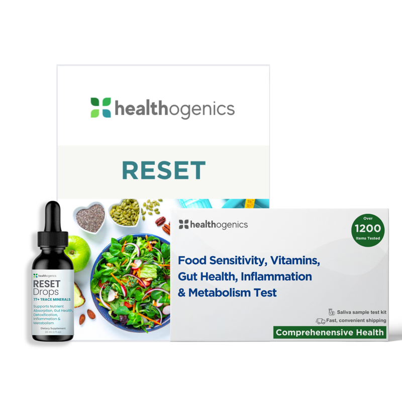 Healthagenics health and wellness products including a bottle and test kit on a white background