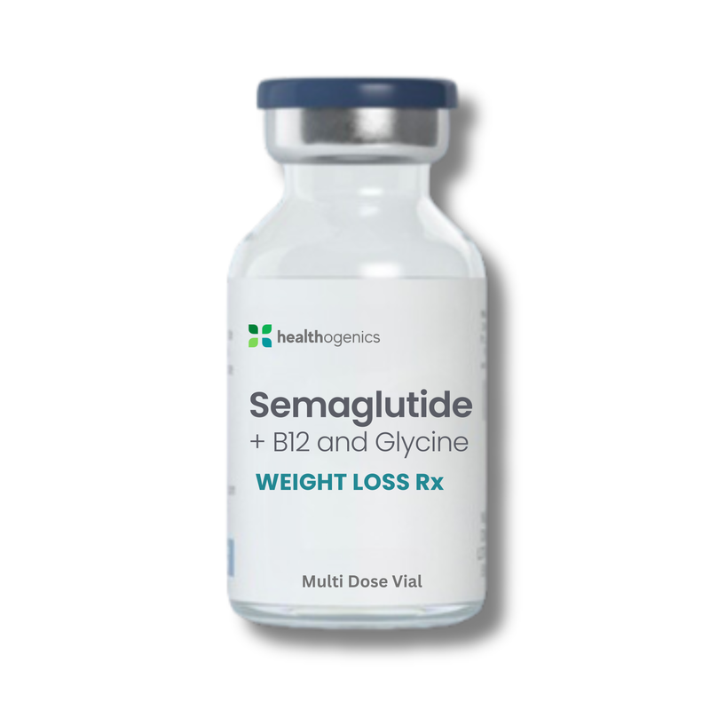 Vial labeled 'Semaglutide + B12 and Glycine' by Healthgenetics on a white background