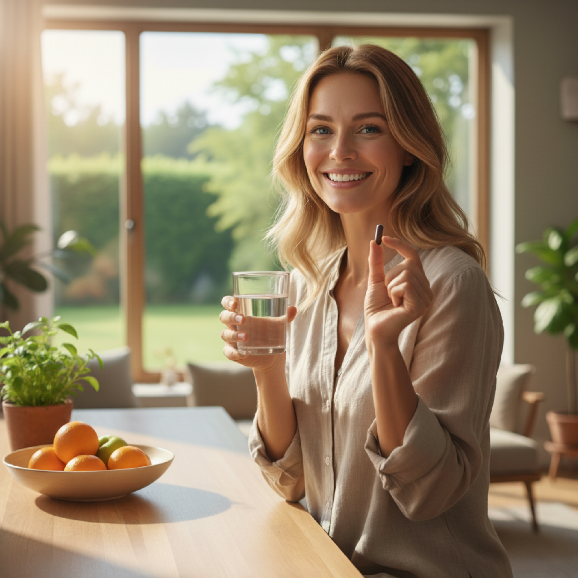 woman with a glass of water and a Healthogenics supplement capsule in her hand