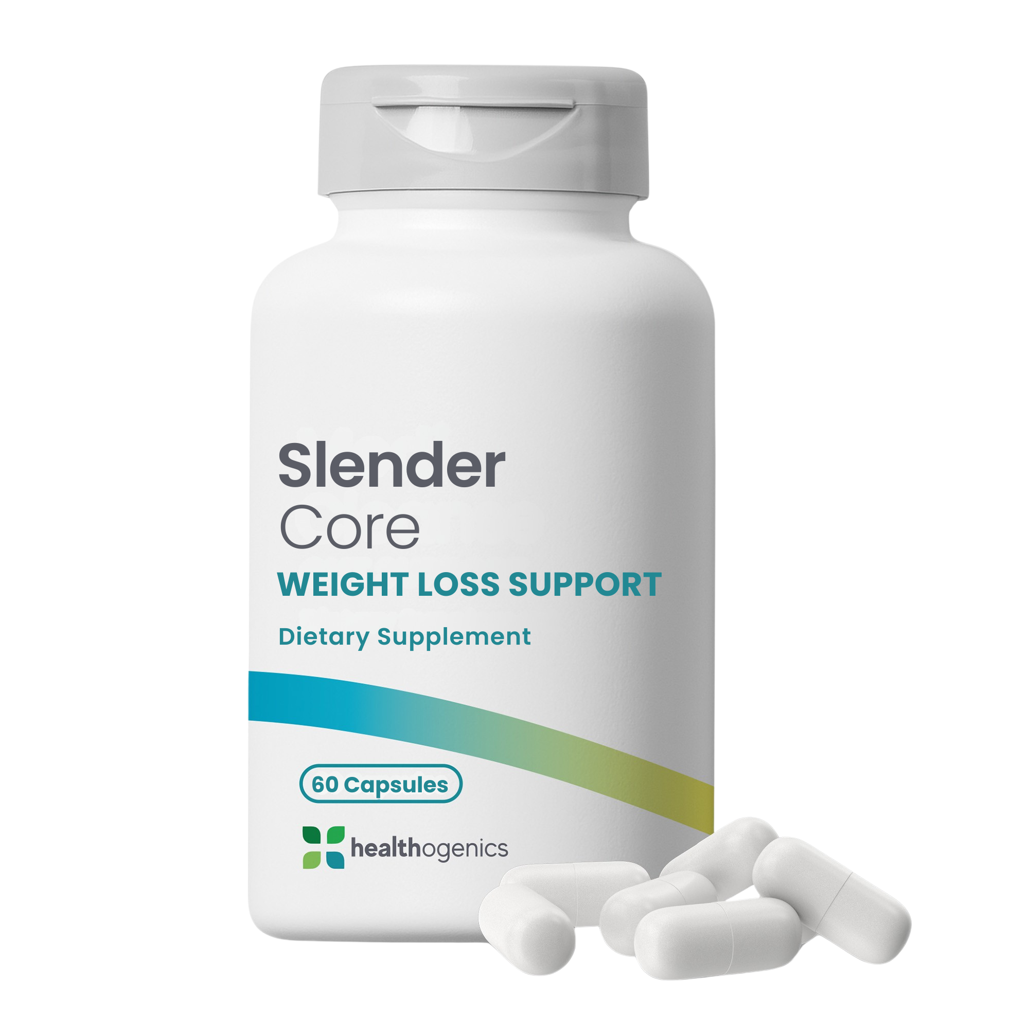 Slender Core weight loss support dietary supplement bottle with capsules on a white background