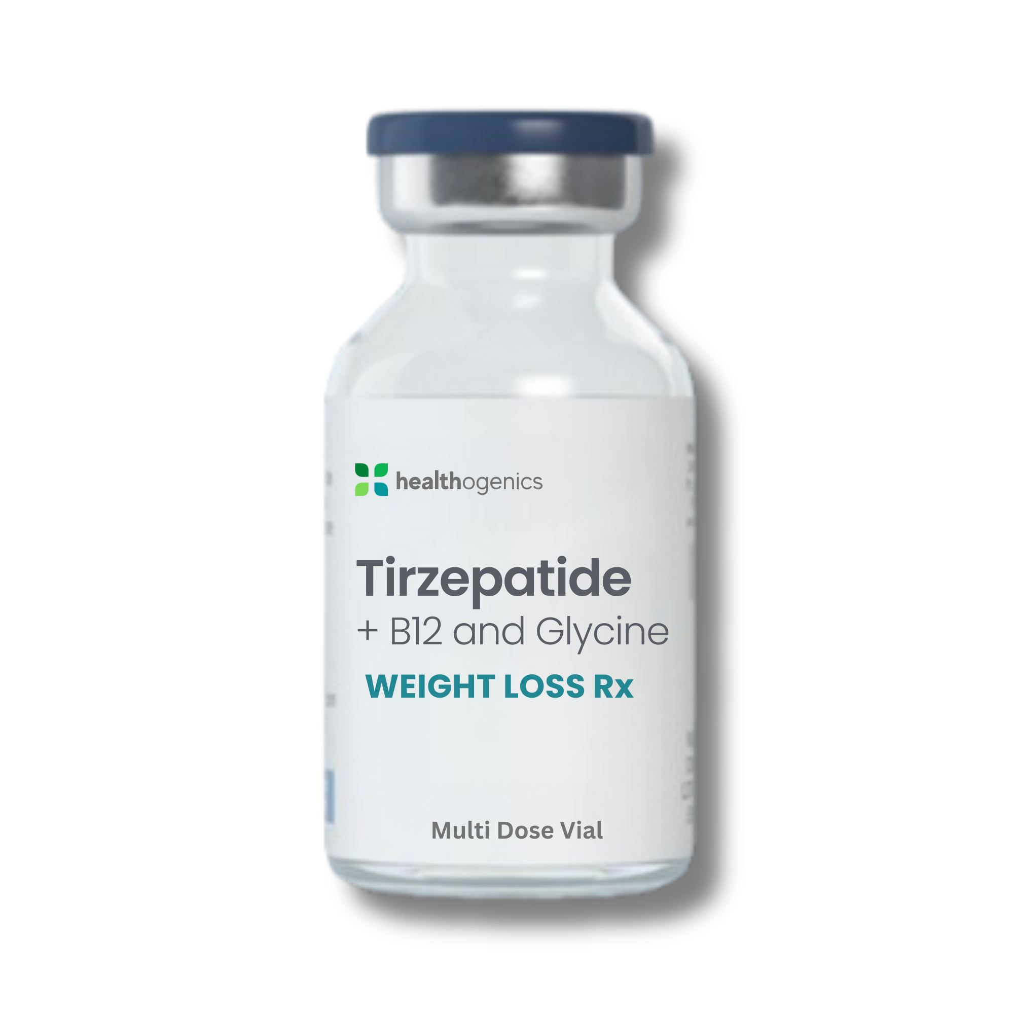 Vial labeled 'Tirzepatide + B12 and Glycine' by Healthgenetics on a white background