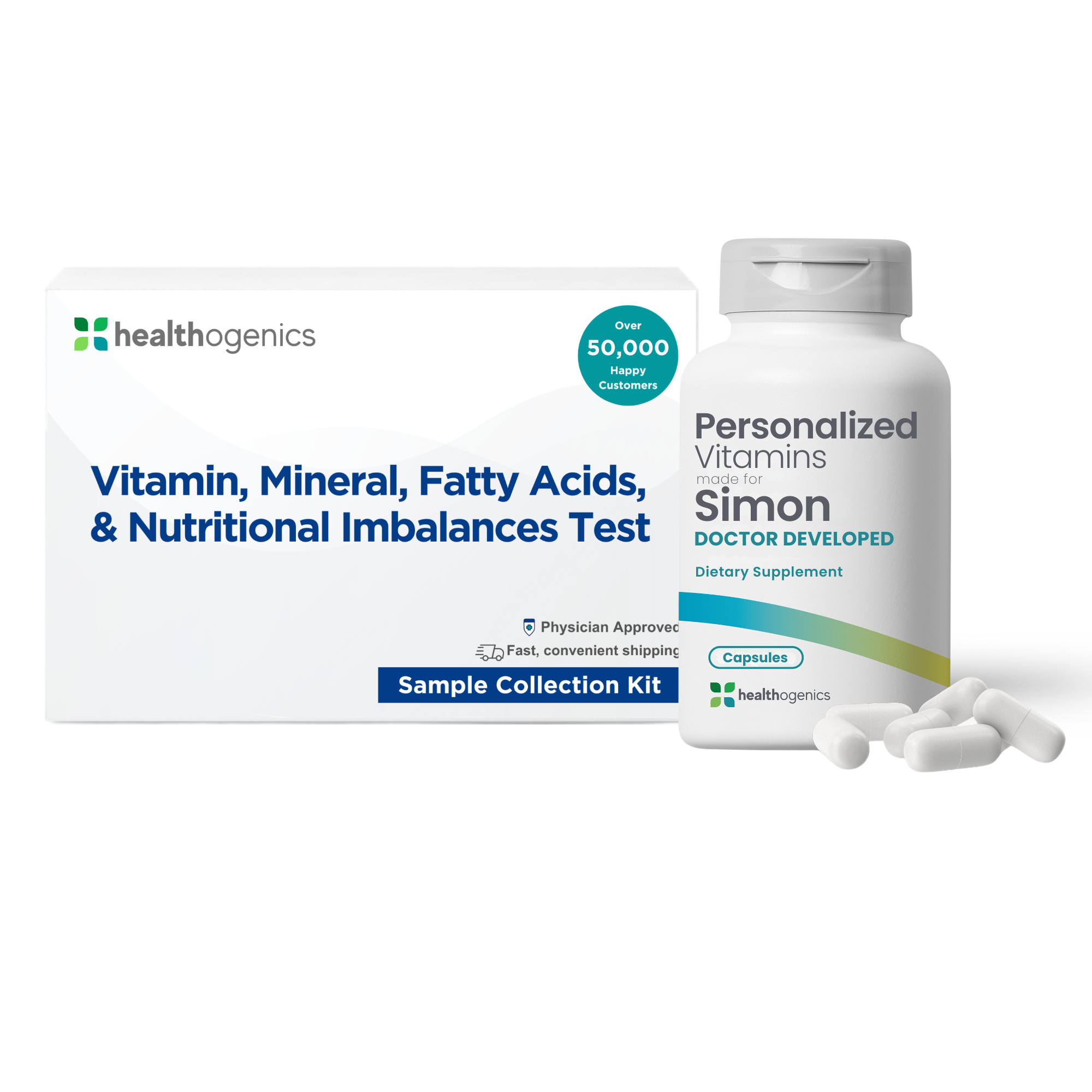 Healthagenics vitamin test kit and personalized vitamins on a white background