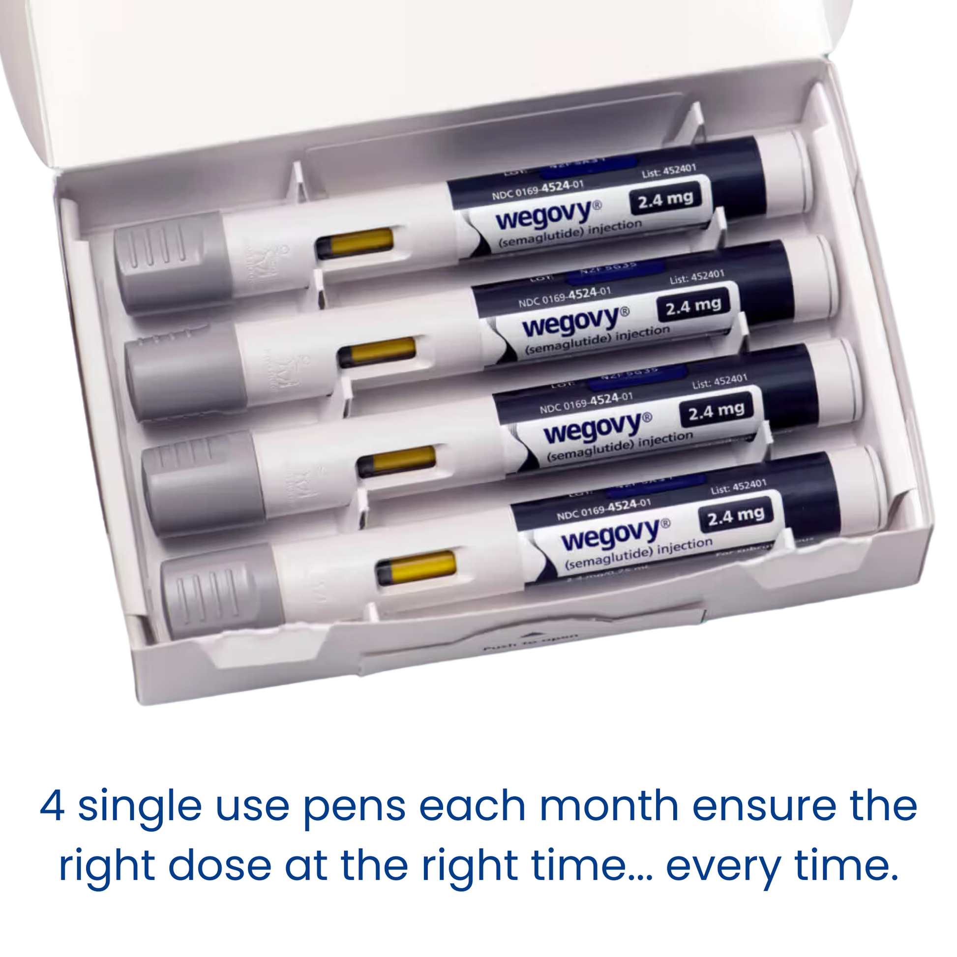 Wegovy 2.4mg auto-injector pens; 4 pens per box, 1 month supply