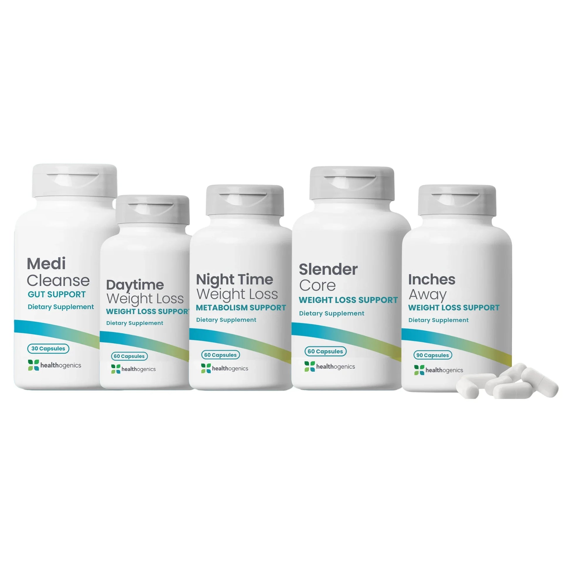Five bottles of weight loss support supplements on a white background