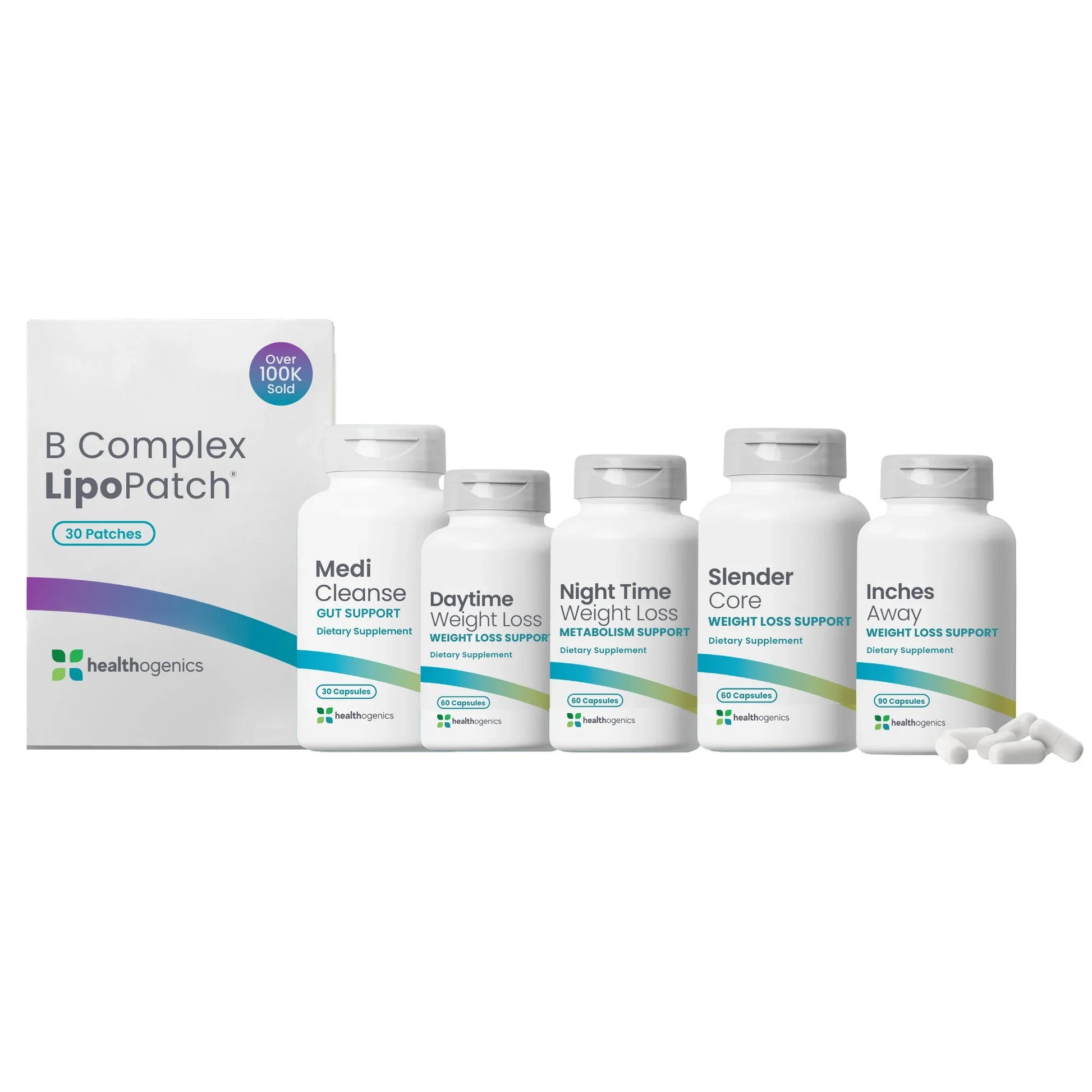 Collection of health and weight loss products including bottles and a box on a white background