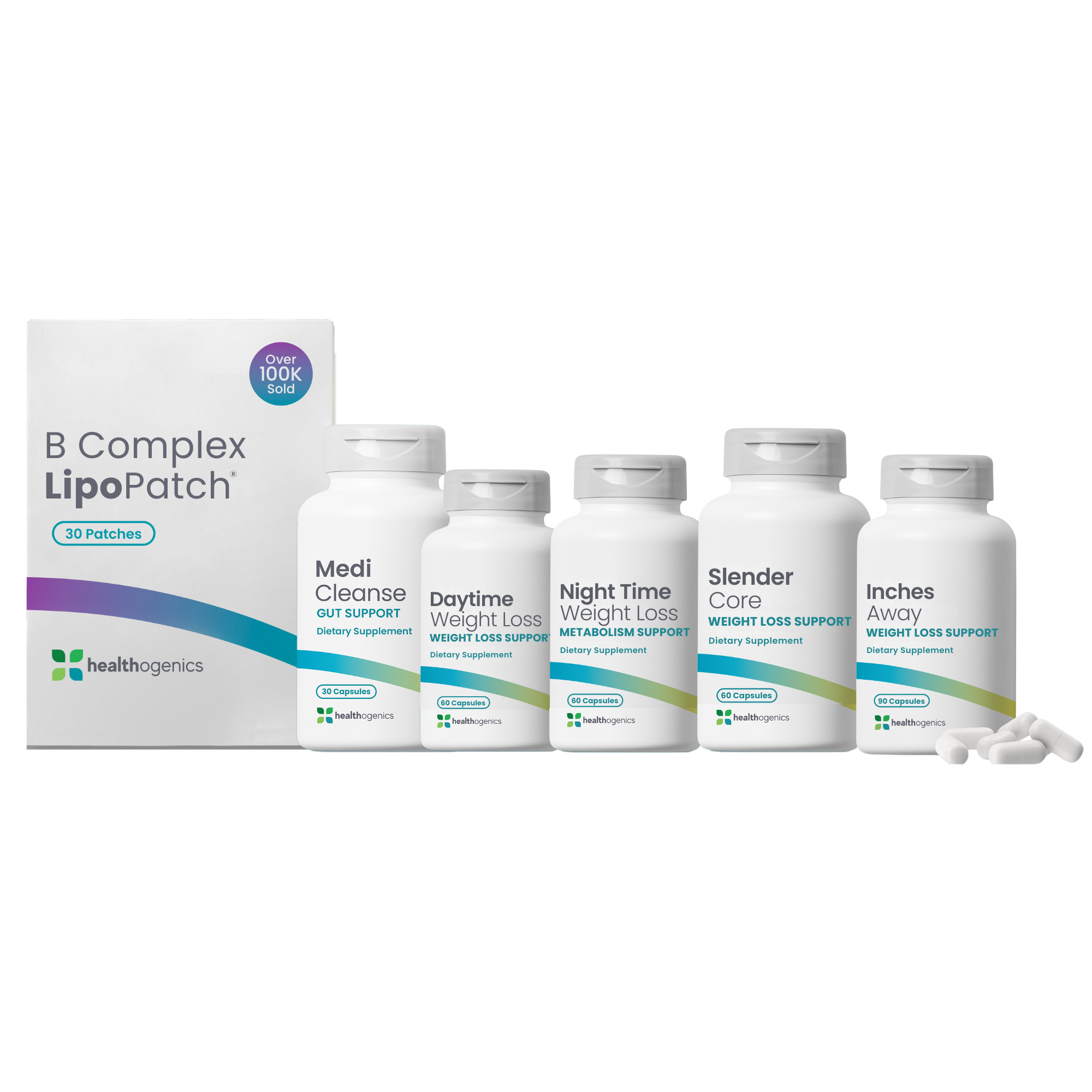 Collection of health and weight loss products including bottles and a box on a white background